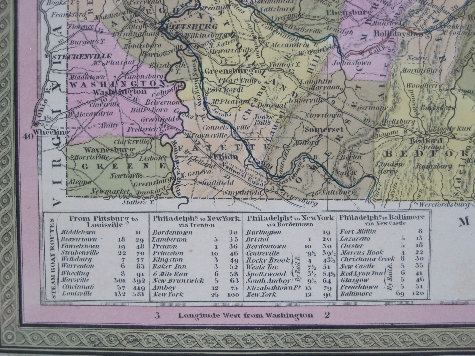 Original 1850 Mitchell Map PENNSYLVANIA Canal Profile Railroads Steamboats Roads
