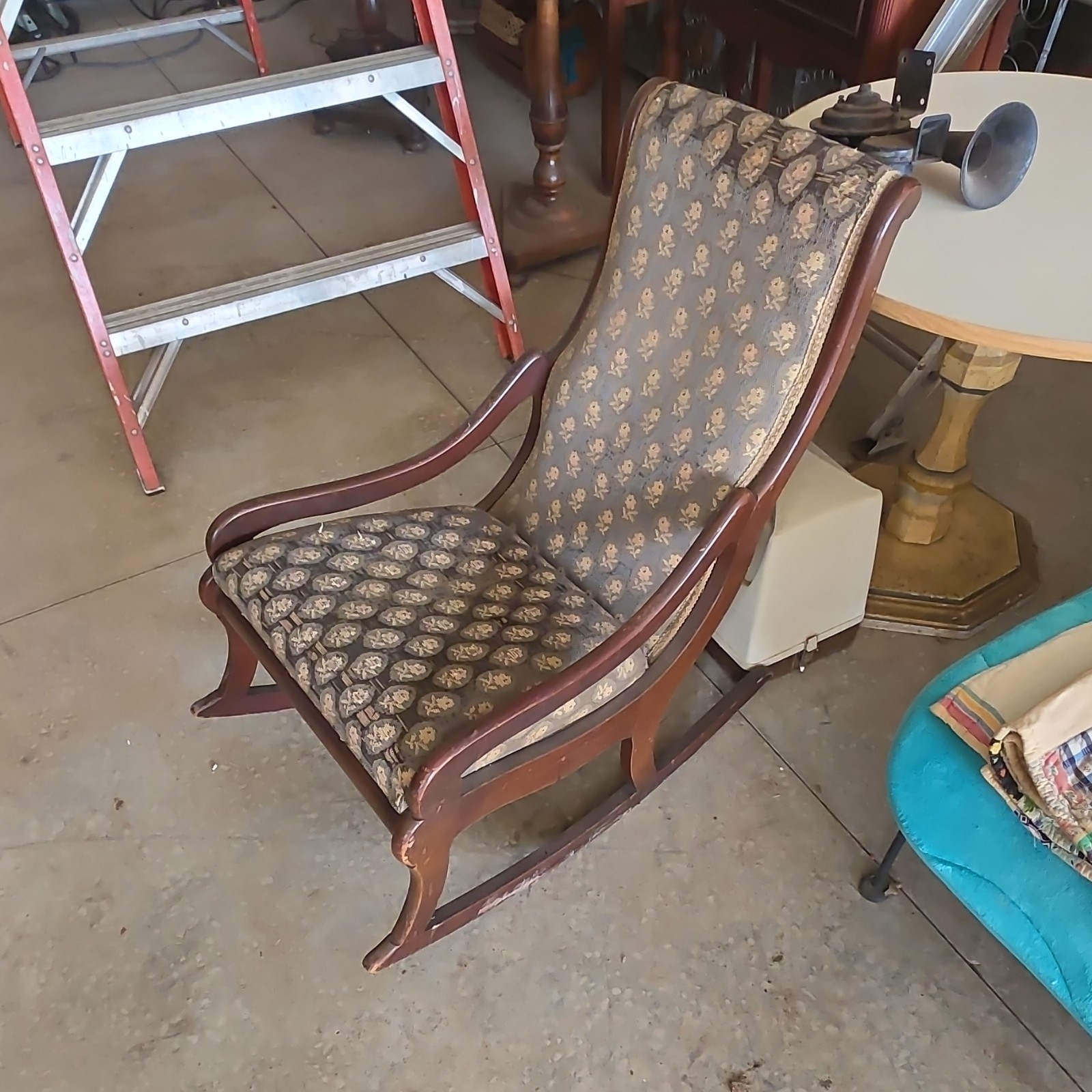 Antique Upholstered Wooden Rocking Chair Brown Gold Floral Pattern With Arms