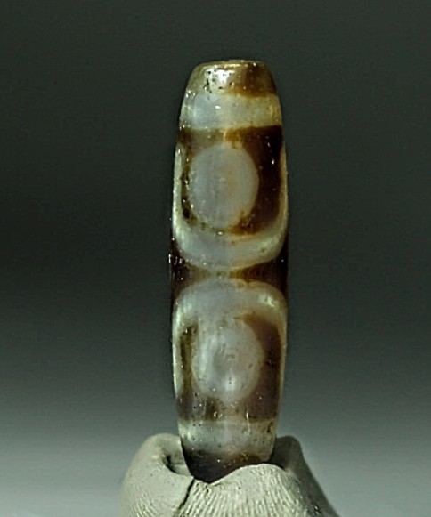 Rare Pre-1800s Indo/Tibetan Old Agate 3 Eye Motif Dzi Bead 12*41mm