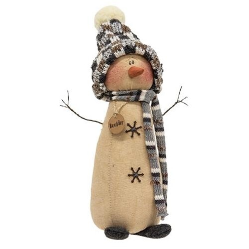 NEW PRIMITIVE SNOWMAN DOLL BOULDER Christmas 10″L x 3.5″ W Stained Winter Rustic