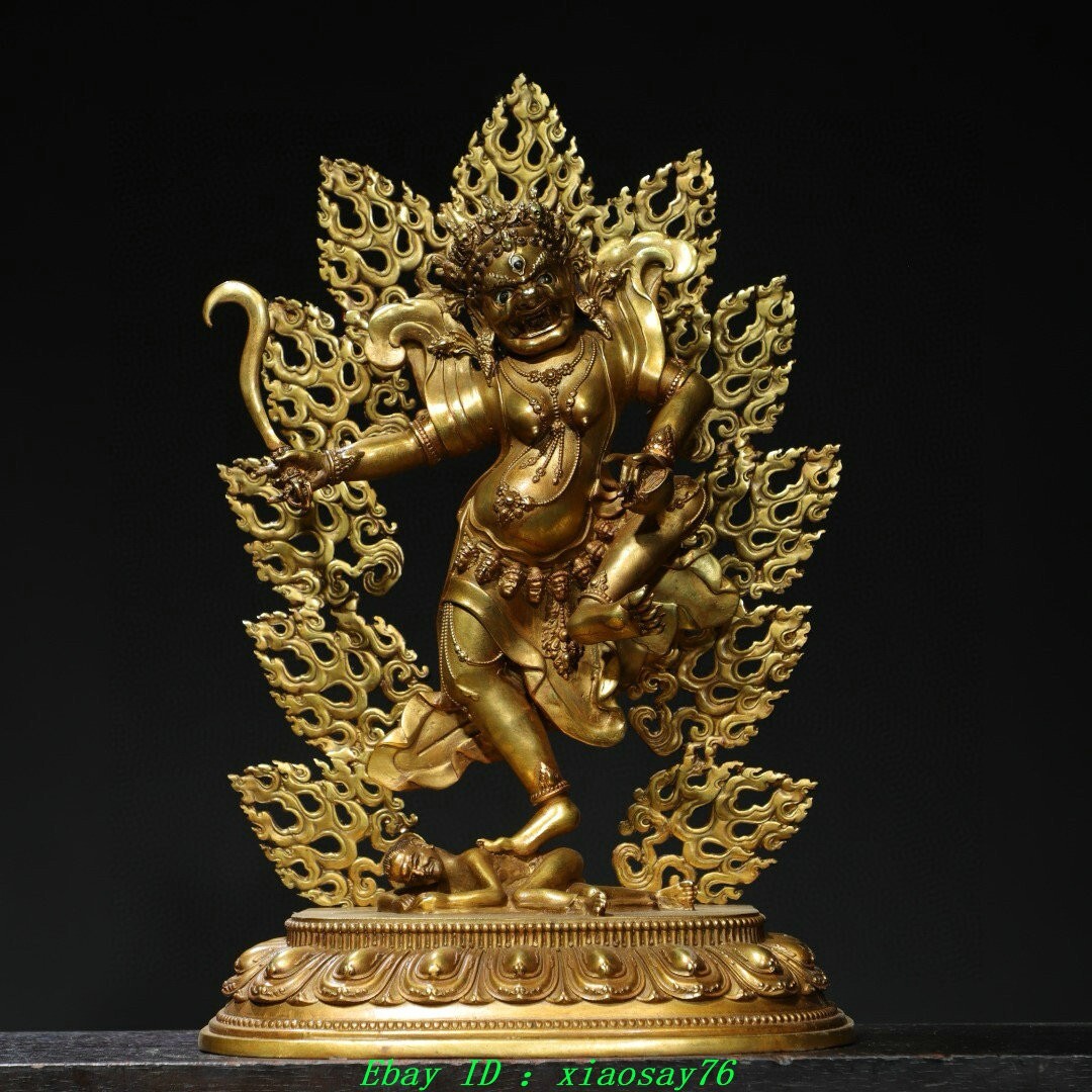 15.3”Old Tibet Bronze Gold Backlight Beast Face Protector Deity Buddha Statue