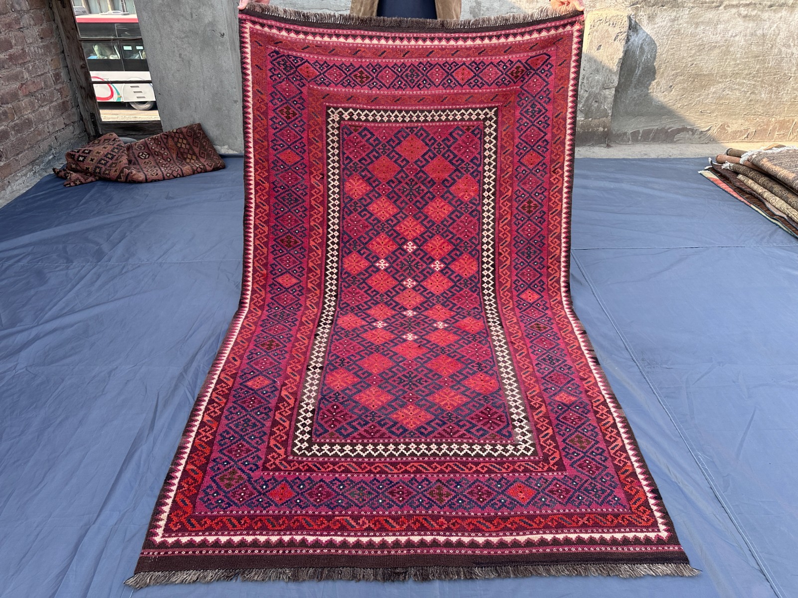 Vintage Afghan Kilim Rug, Flat Weave, Tribal Geometric Design Oriental Area Rug