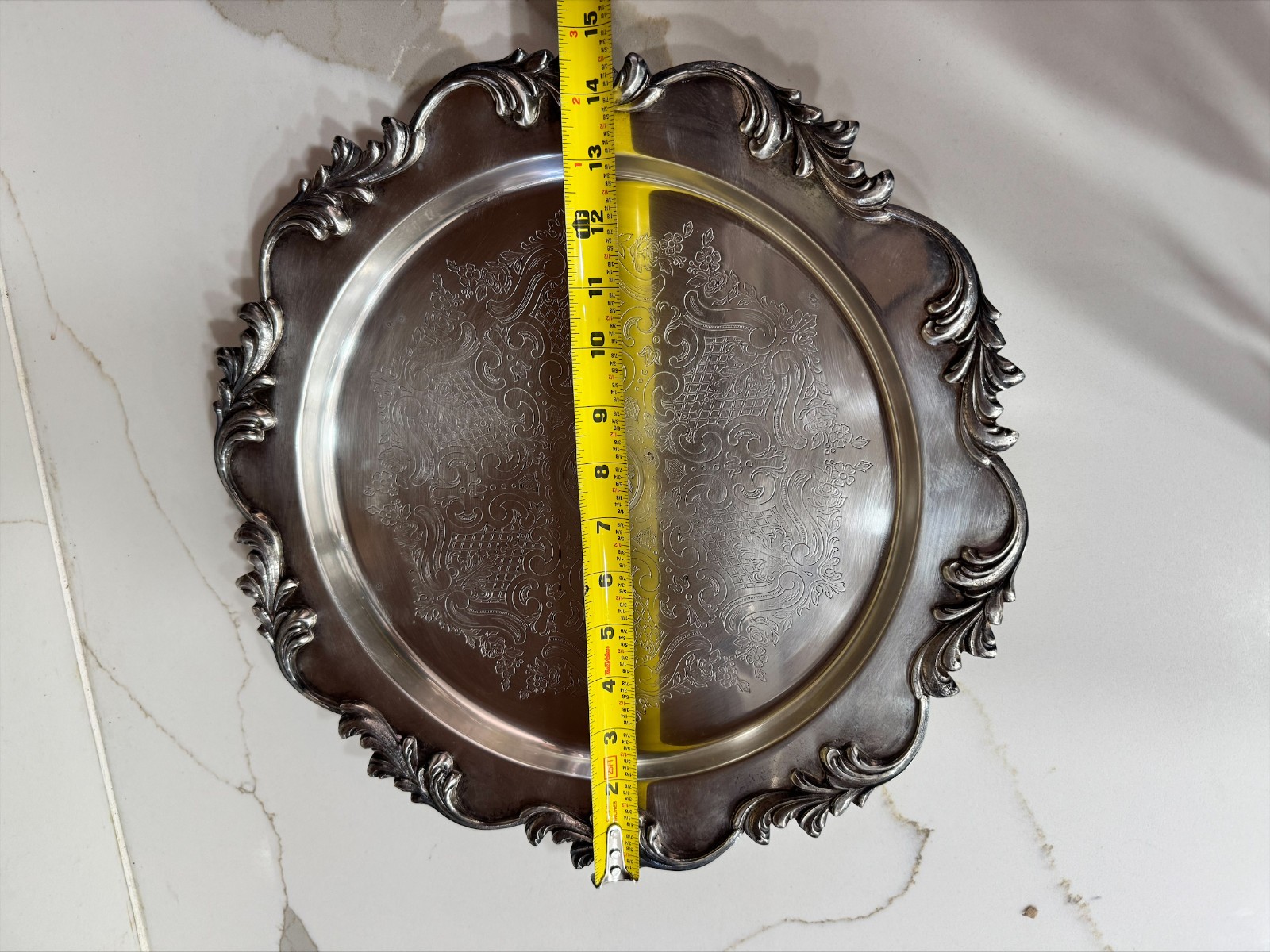 Silverplated Round Serving Tray Ornate Scroll Edge Etched Floral Center 14.5″