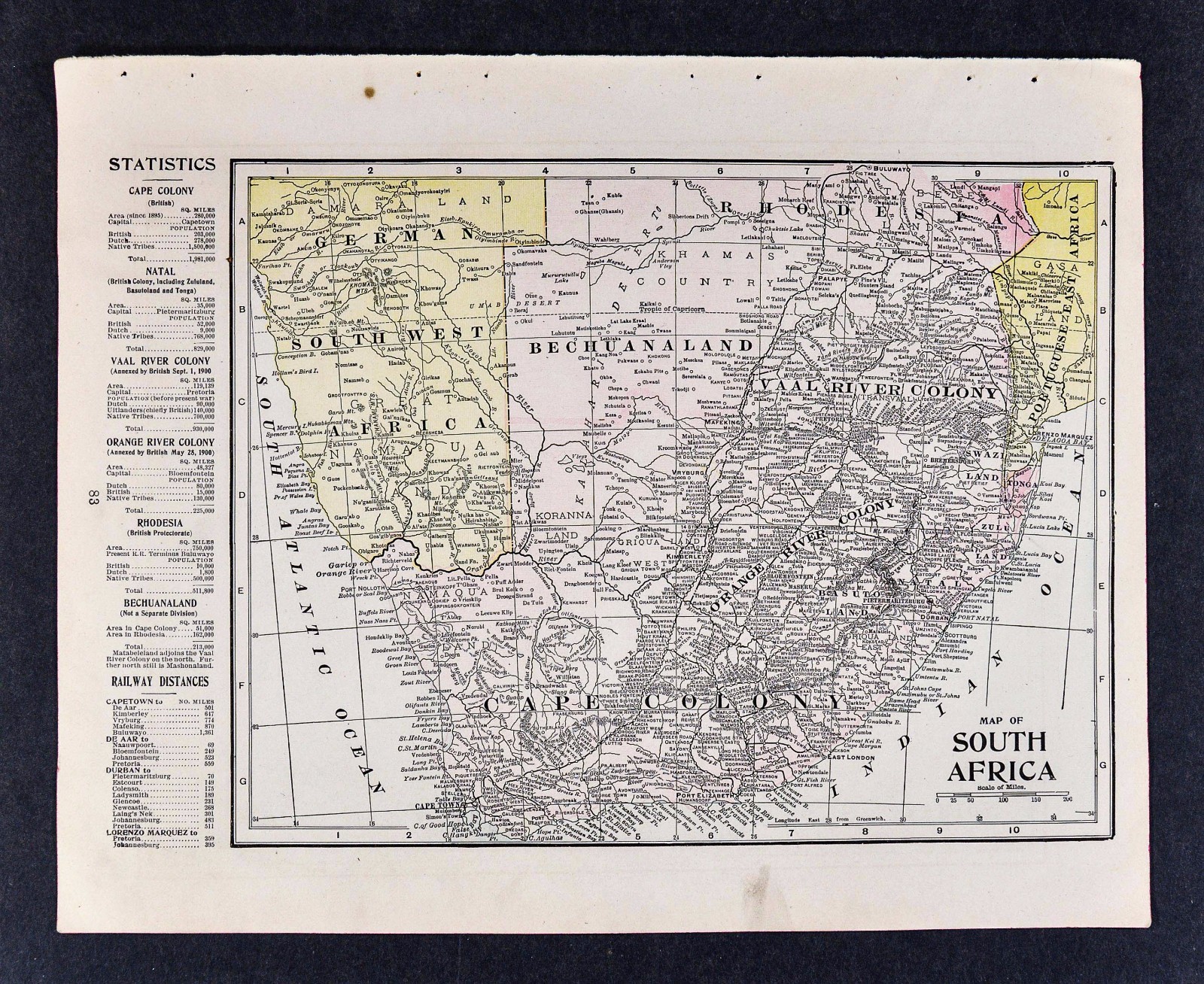 1905 Crowell Map Cape Colony South Africa Rhodesia Orange Natal Cap of Good Hope