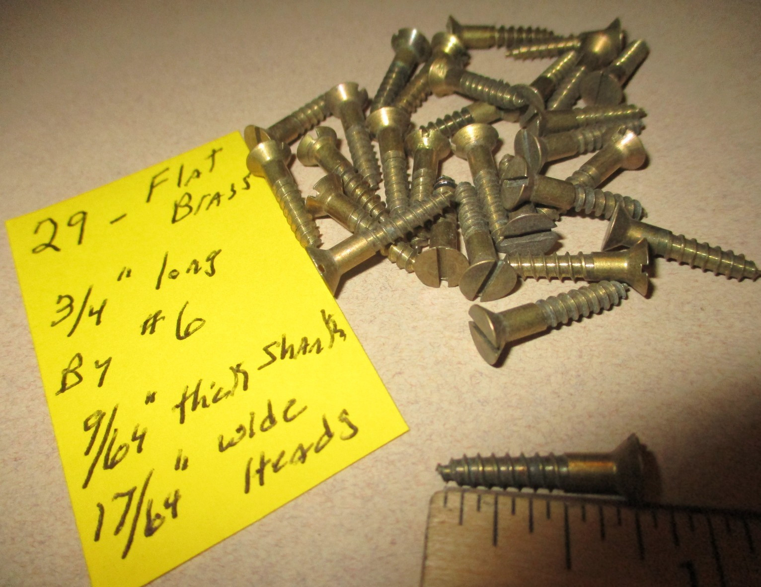 29–VINTAGE SOLID BRASS WOOD SCREWS WITH FLAT SLOTED HEADS 3/4″ LONG X #6=9/64″