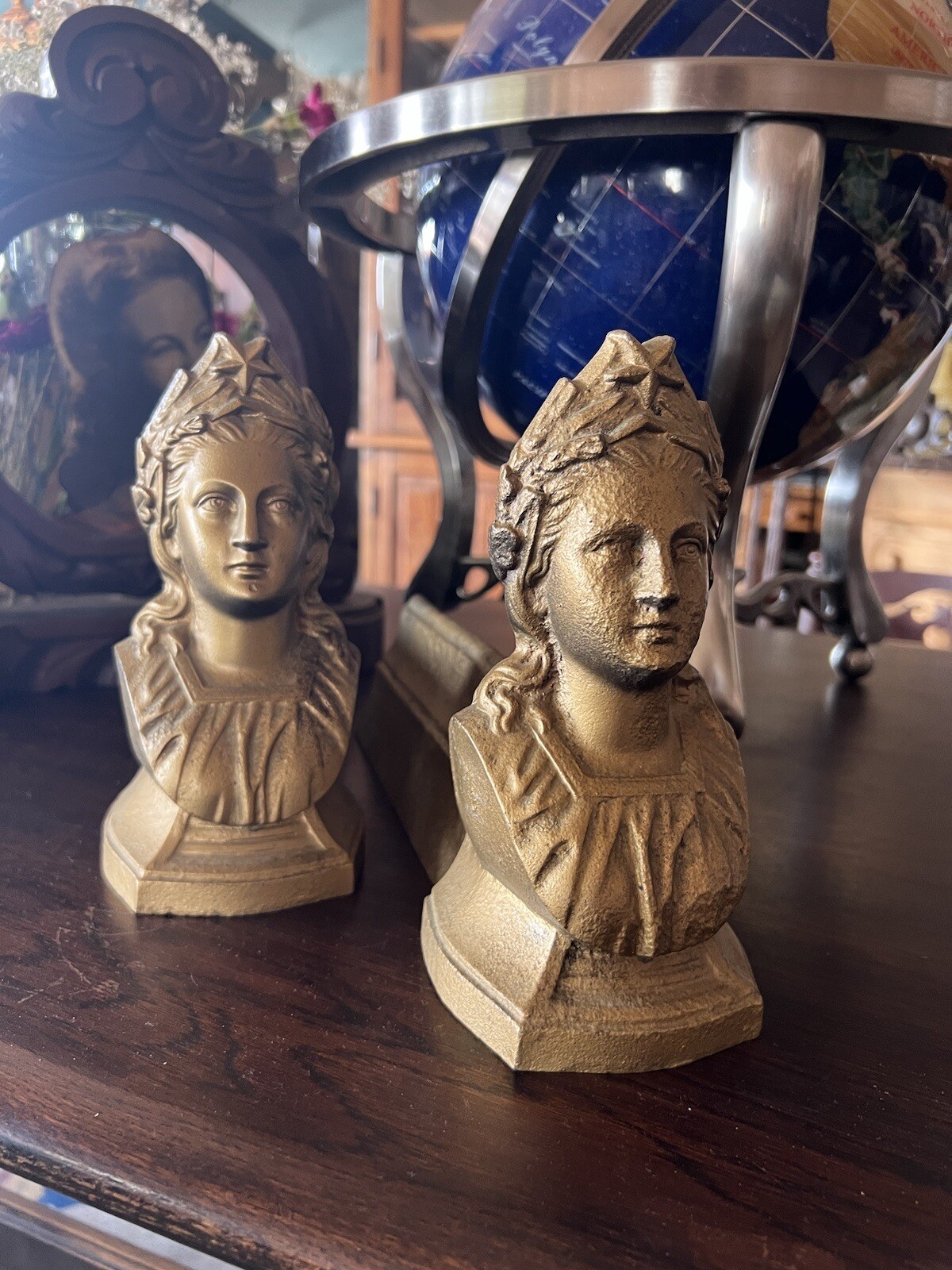 Neoclassical Fireplace Andirons Figural Cast Iron Statue Lady Liberty Antique