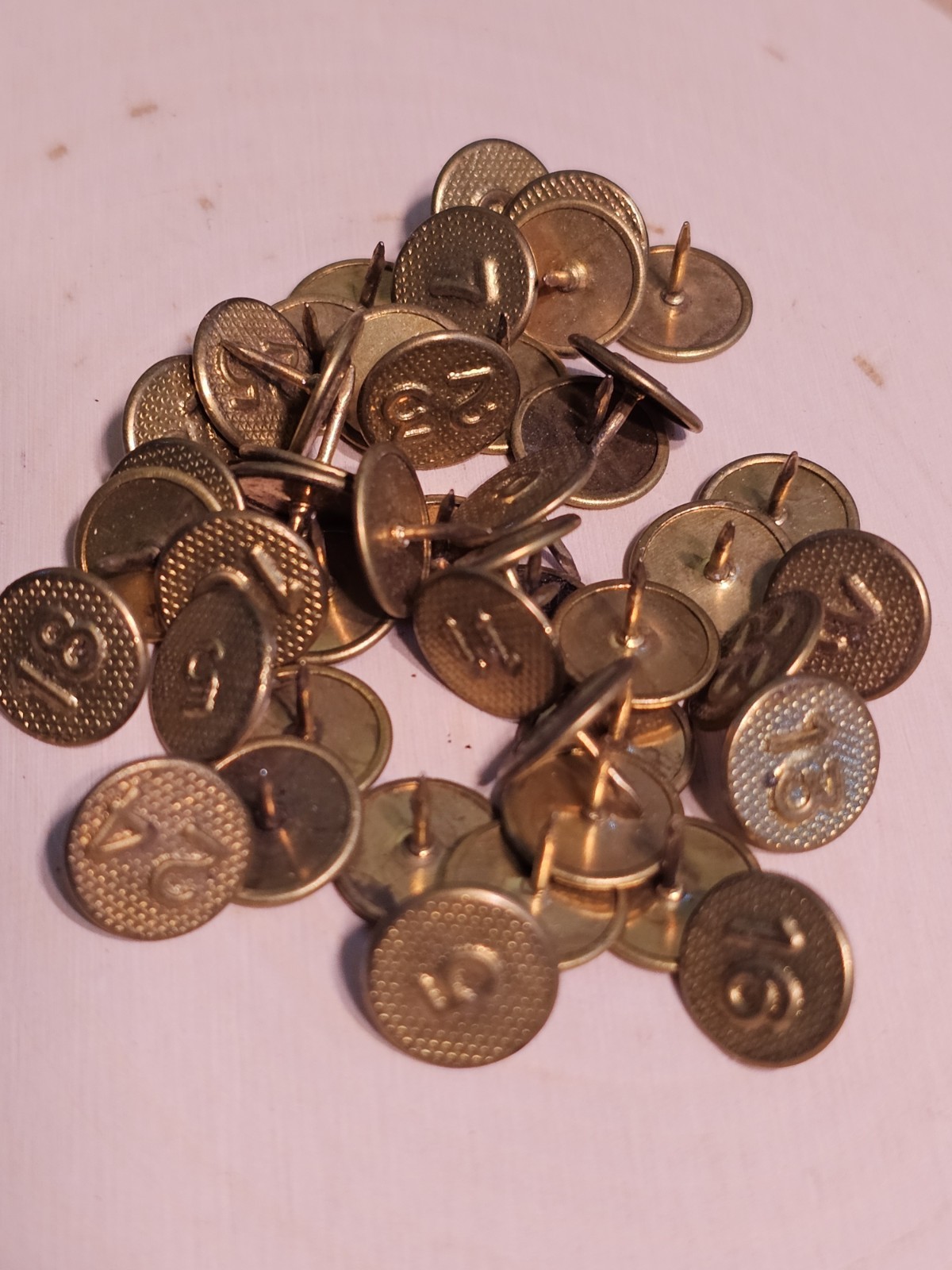 Vintage – 23 Solid Brass Head Screen or Door Thumb Tacks Numbered for Crafts