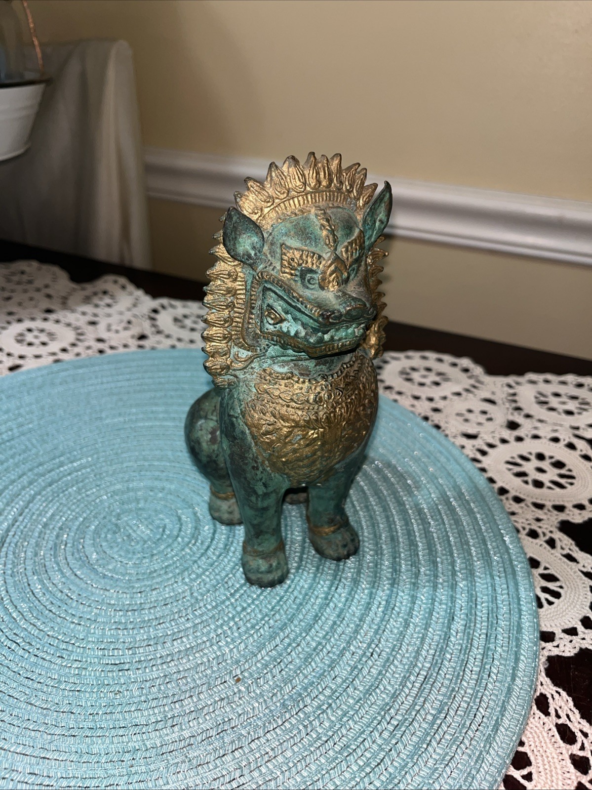 Vintage Thai Khmer Gilt Bronze Singha Statue 7.25″ Temple Guardian Lion