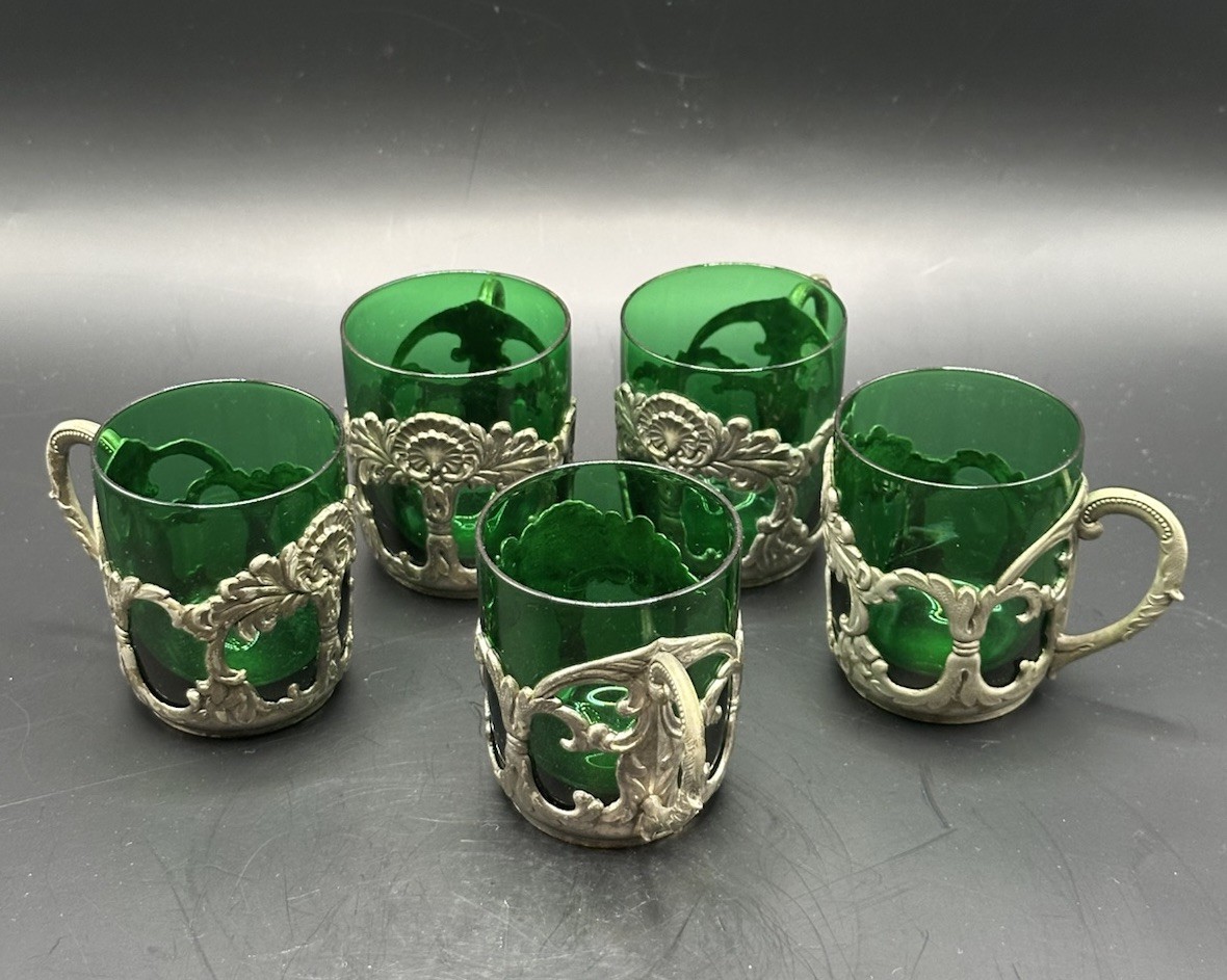 Vintage Yamatogumi Silverplate & Green Glass Set Of 5 Cups Made in Japan 1940’s