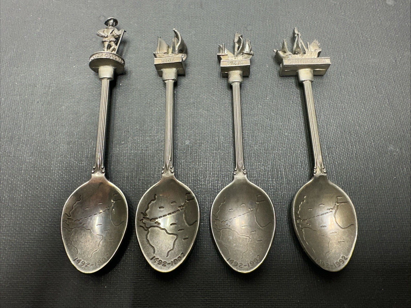 VTG Christopher Columbus Silver Plated Souvenir Spoons Set Of 4 Map Detail WAPW