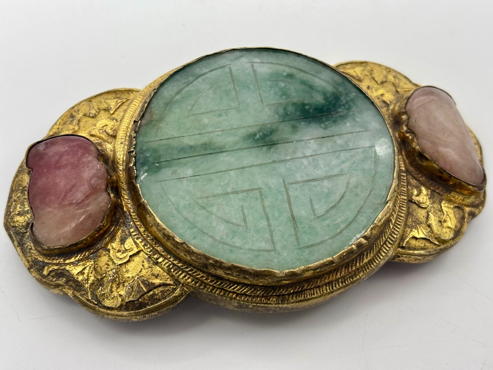 Gilt Bronze Jadeite Plaque Belt Buckle Qing Dynasty (1644-1911)