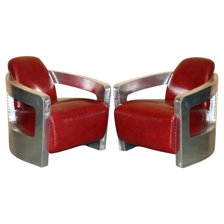 FINE PAIR OF RED WINE LEATHER POLISHED ALUMINIUM AVIATOR ROCKET LOUNGE ARMCHAIRS