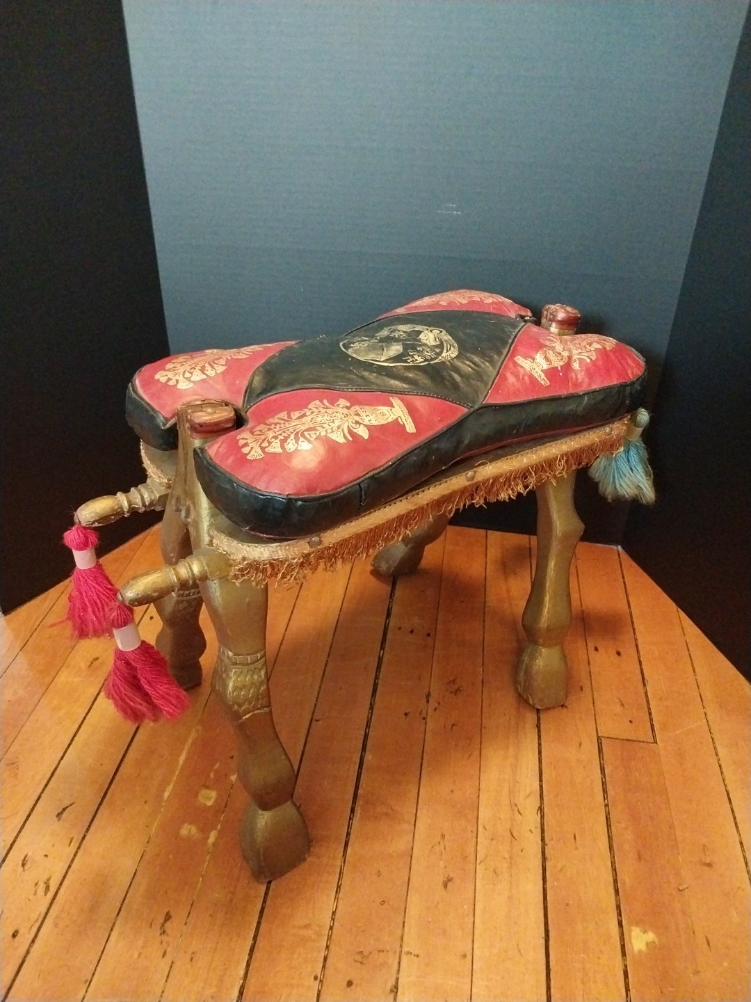 Antique Ottoman Egyptian Camel Saddle Leather Wood Ornate Foot Stool Vintage