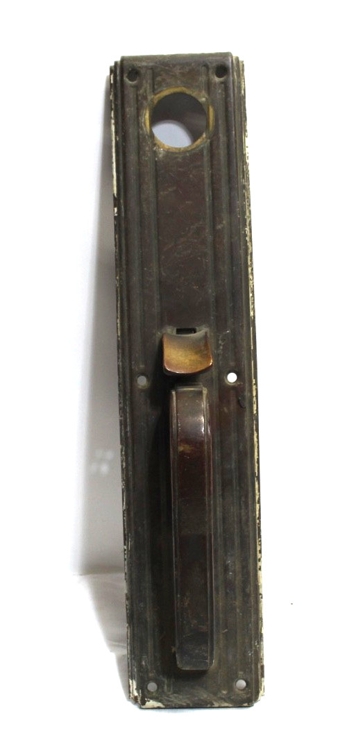 Vtg Entry Door Bronze Push Plate w Thumb Mechanism 14.”x3″ Architectural Salvage