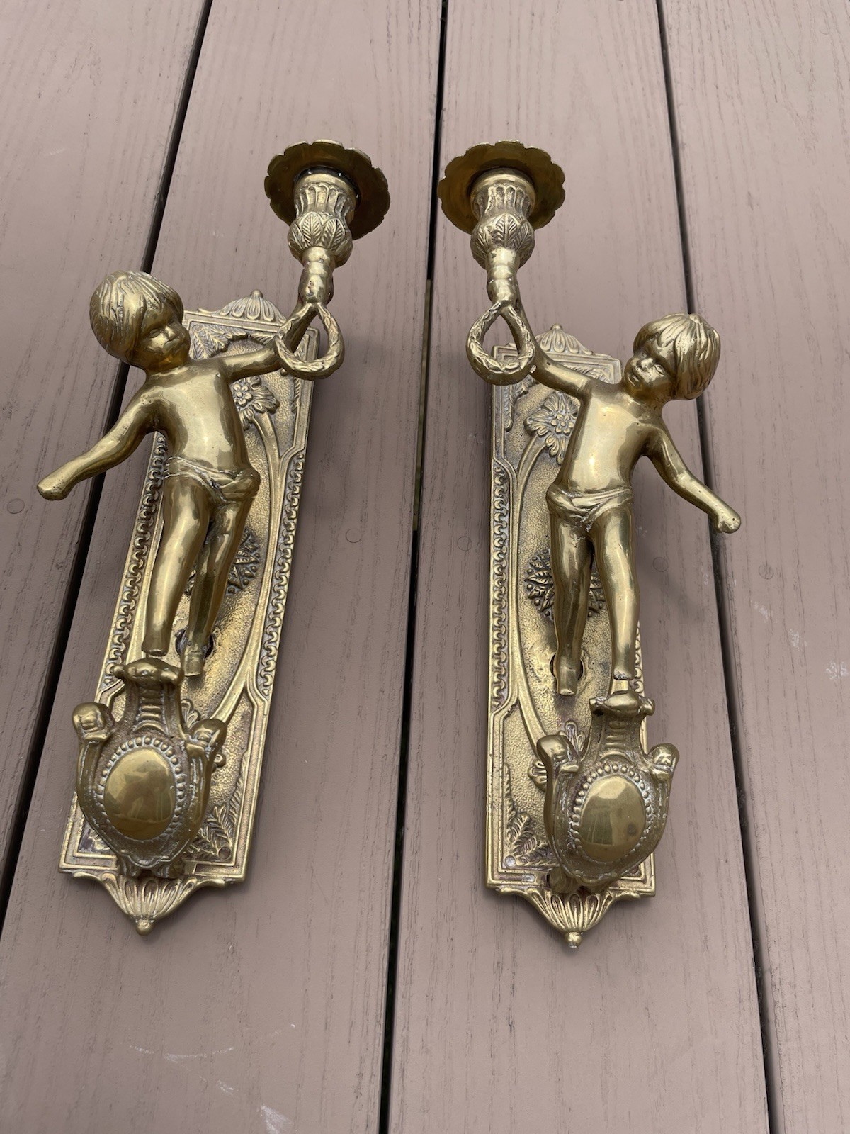 Pair Antique French Solid Brass Putti Angels Cherub Wall Fixtures Candle Sconces