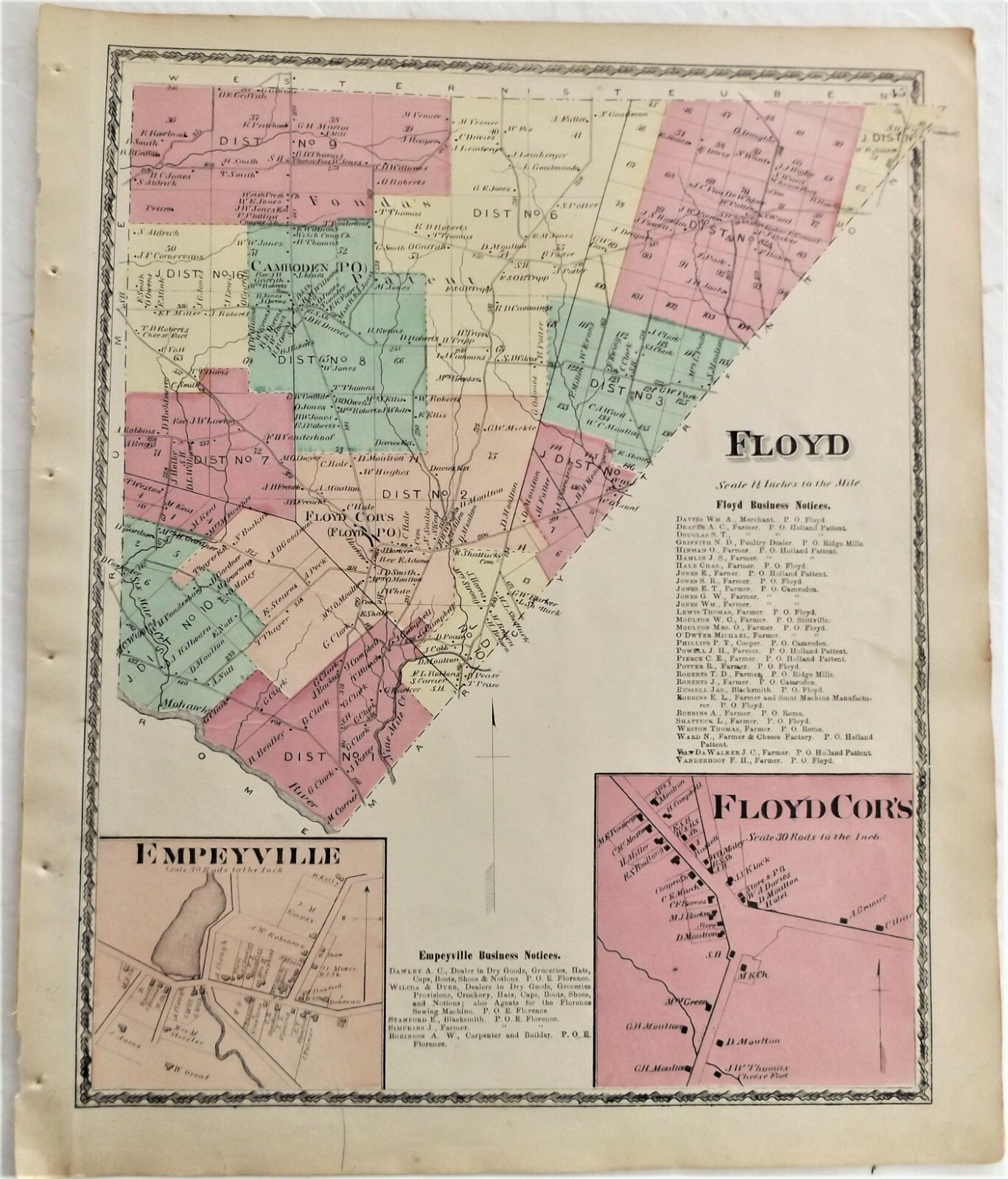 1874 NY Floyd Corners Empeyville Antique Oneida County Atlas Map