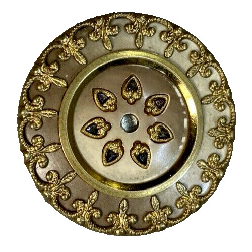 Antique Victorian Celluloid Sewing Button Fleur de Lys Gilded Border, 8 Jewels