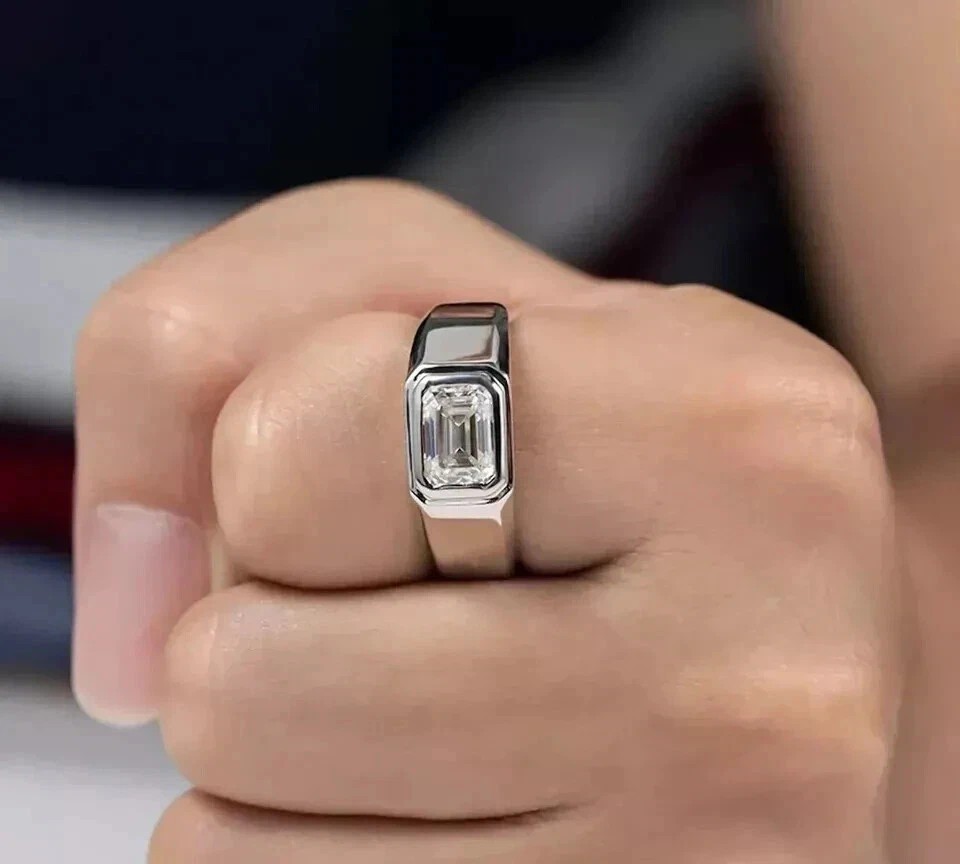 3Ct Emerald-Cut Lab Created Bezel Men’s Engagement Ring 14K White Gold Plated
