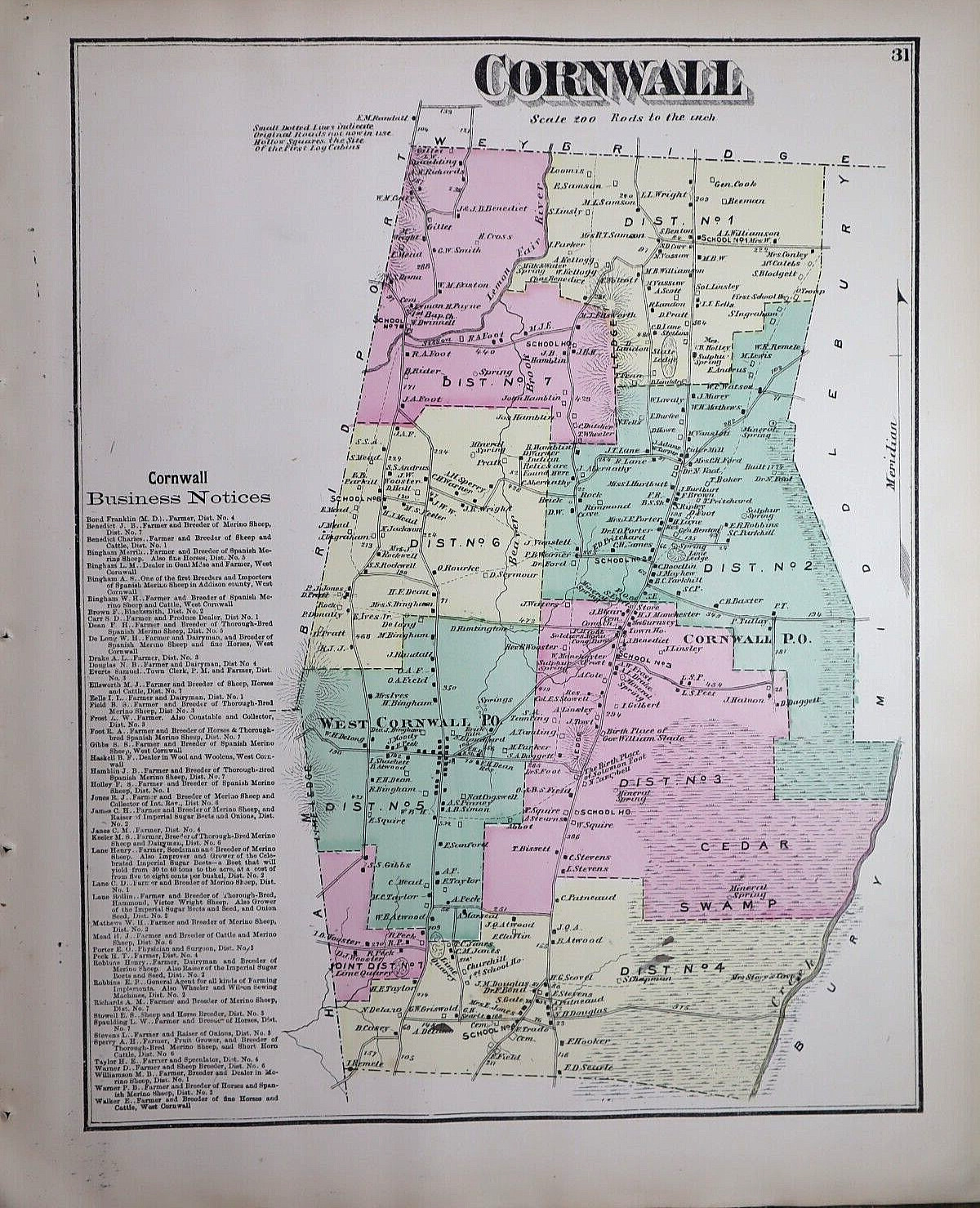 1871 Plat Map ~ CORNWALL Township, ADDISON Co., VERMONT ~ Free S&H