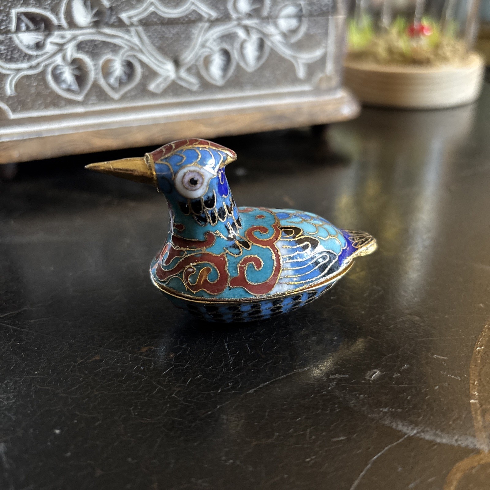 Chinese Cloisonne Blue Red And Gold Coloured Bird Trinket – Collectible Vintage