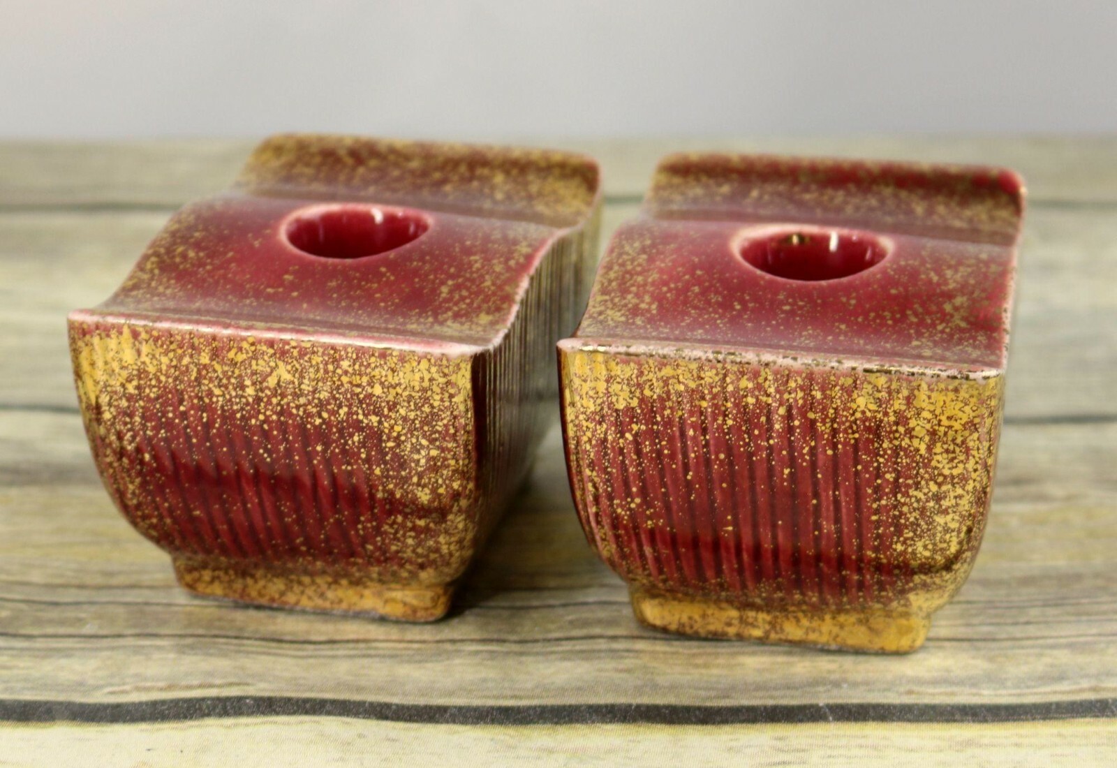 Art Deco Candle Holders Candlestick Mauve Gold Speckled Ceramic Vintage
