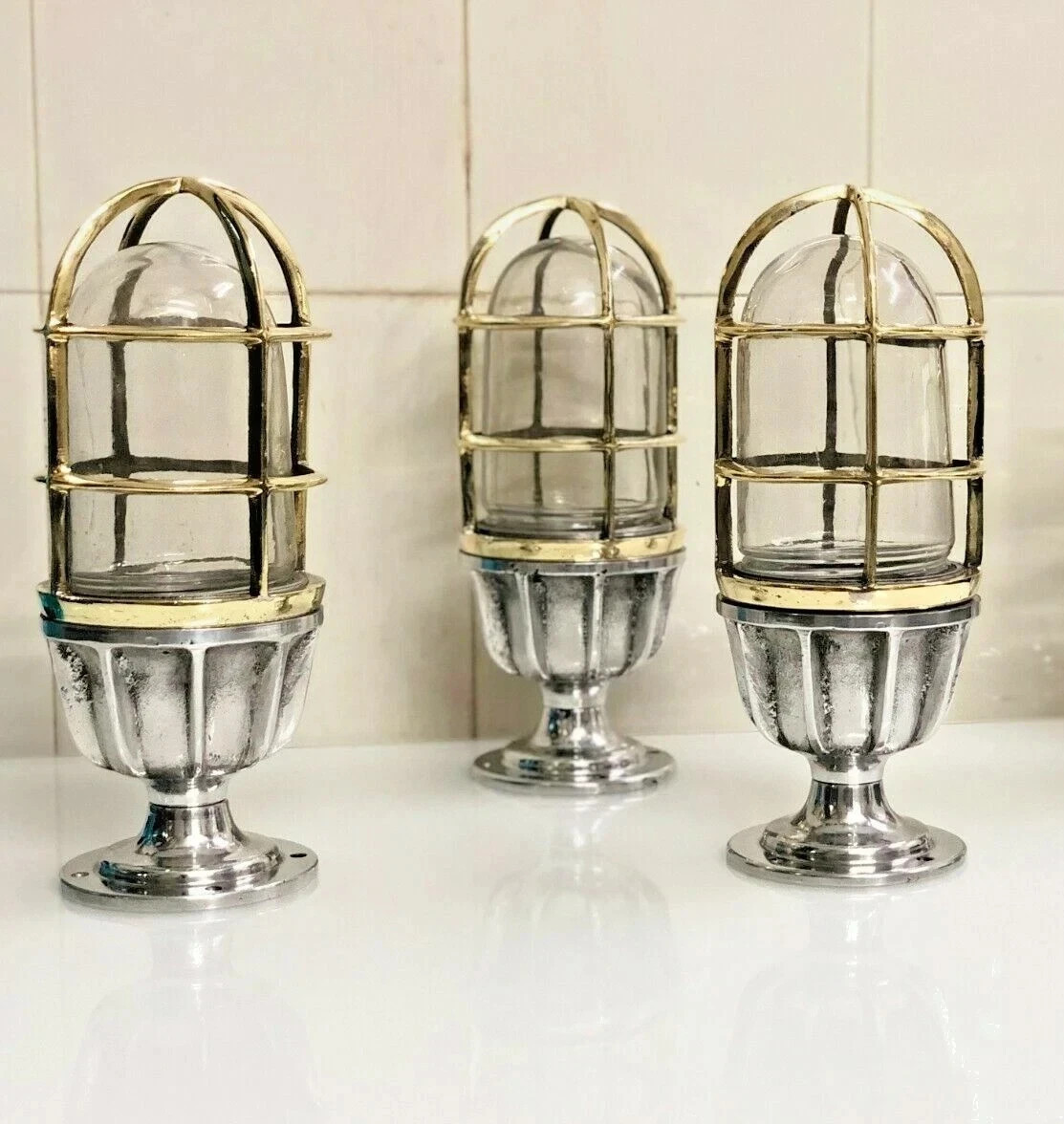 NAUTICAL VINTAGE STYLE BULKHEAD POST MOUNTED ALUMINIUM LIGHT BRASS CAGE 3 PCS
