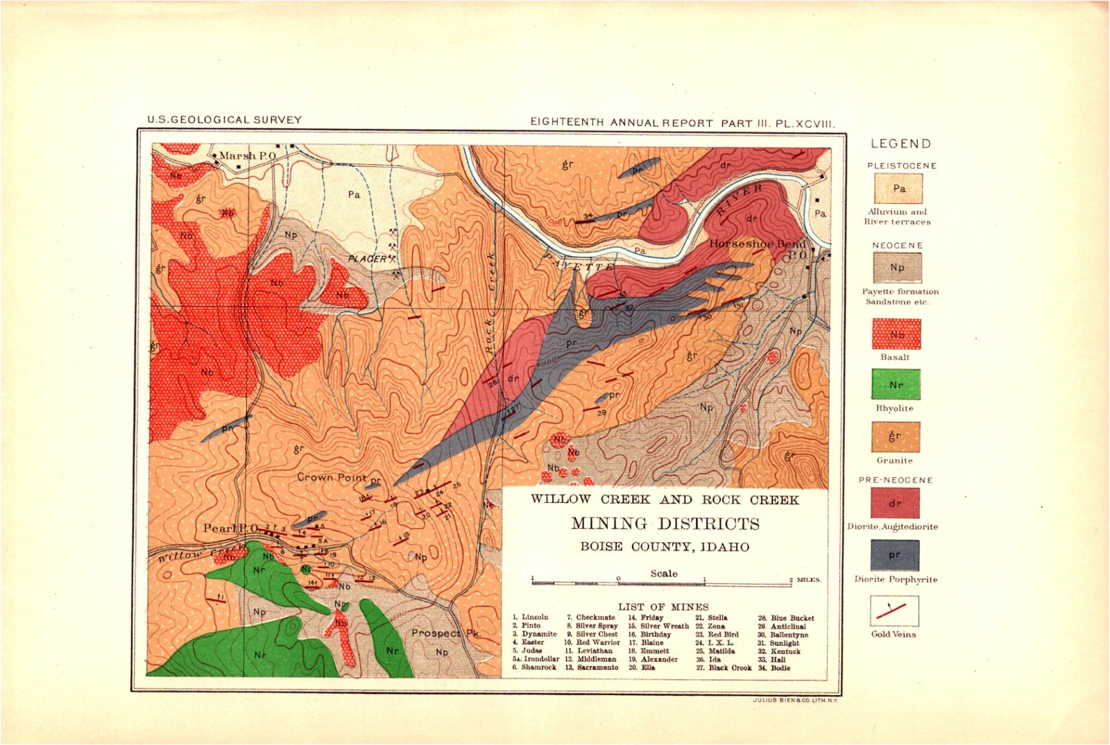 1898 Antique USGS Geologic Map-Willow & Rock Creek Idaho Gold Mines Boise County