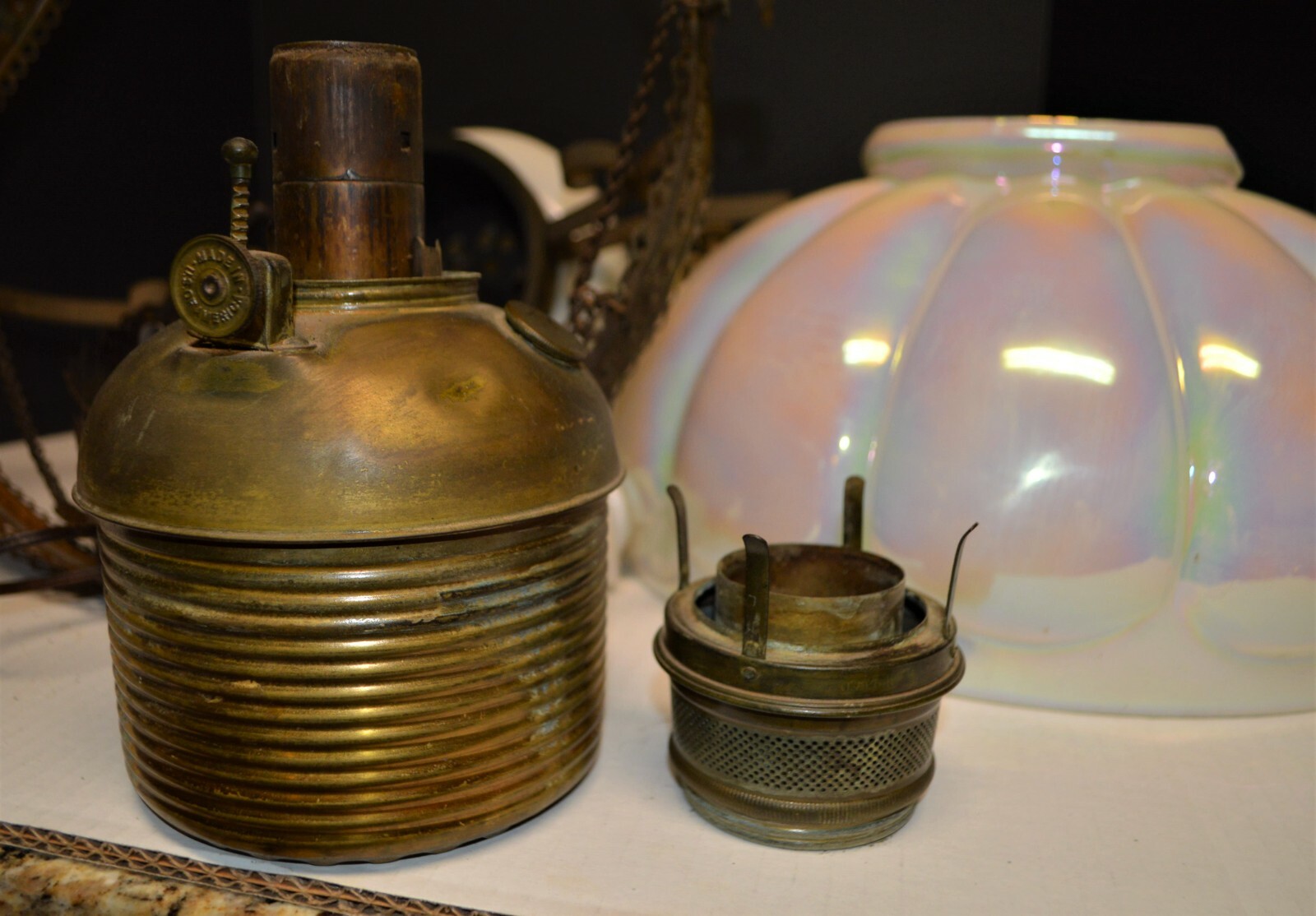 1890’s Victorian Pull Down Library Lamp Pearlescent Melon Shade Electric or Oil