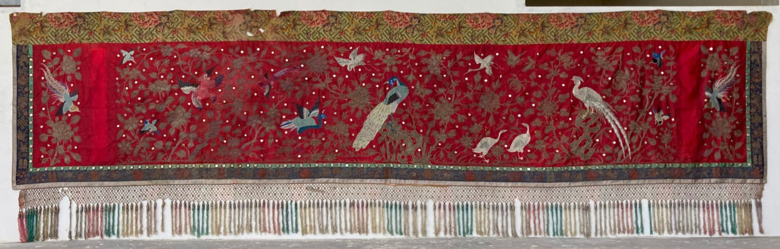 Late 19th c Antique Chinese Silk Birds Floral Embroidered Wedding Panel 330x76cm