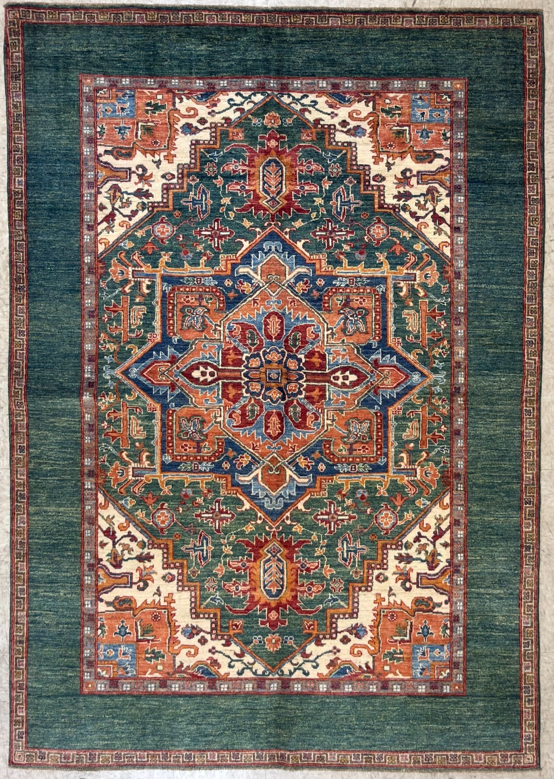 Handmade Wool Area Rug, 5×8 , Green Orange Rug, Oriental Rug