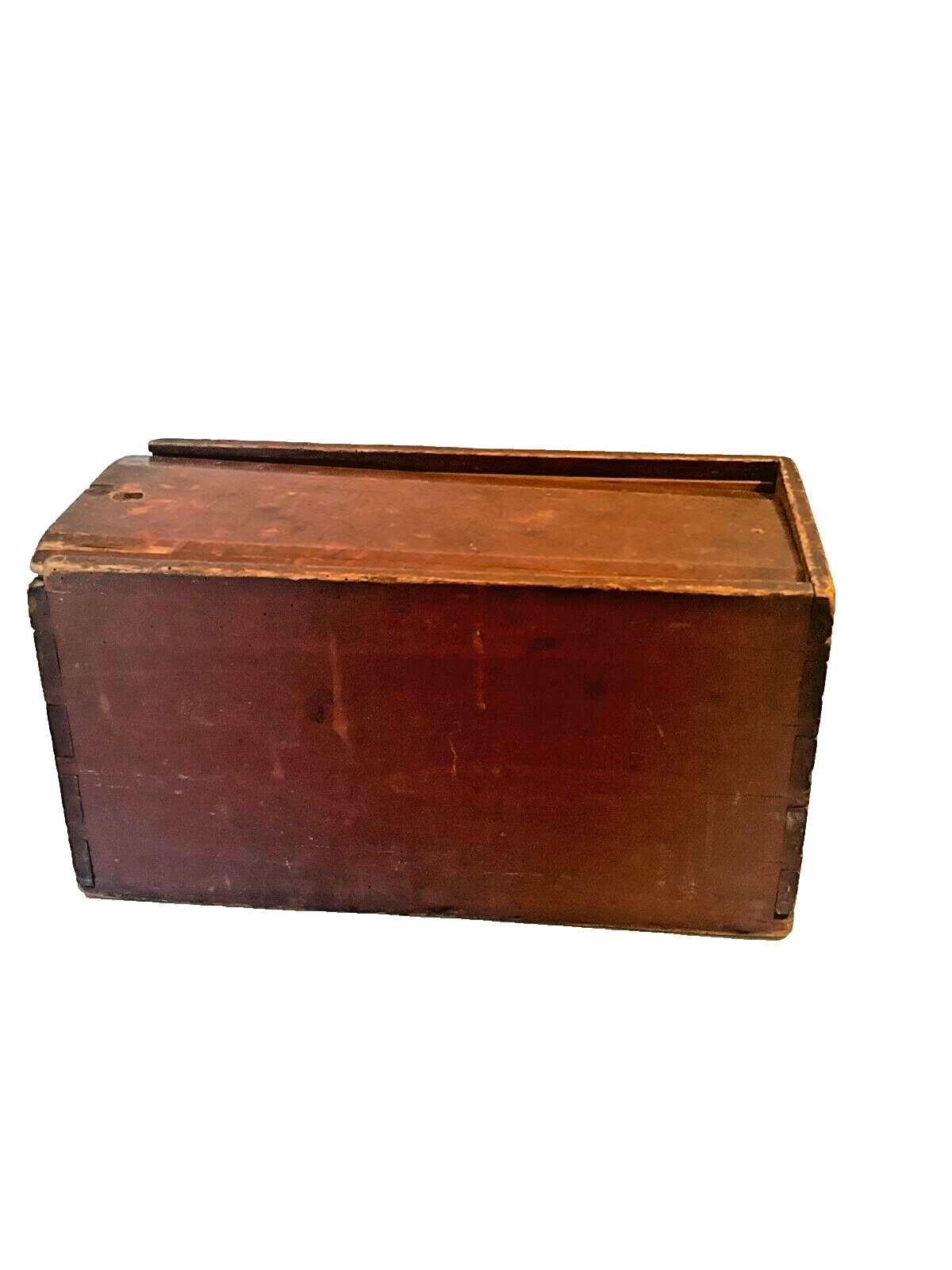 Antique red painted slide lid candle box dovetailed pa 1840 mid Atlantic