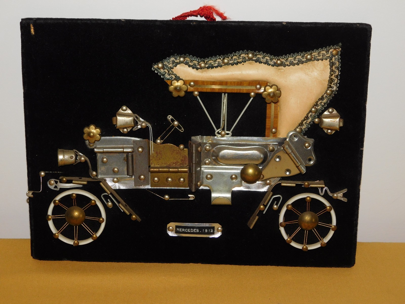 VINTAGE FOLK ART MADE FROM OLD HARDWARE 1912 MERCEDES CAR 3 D WALL PLAQUE