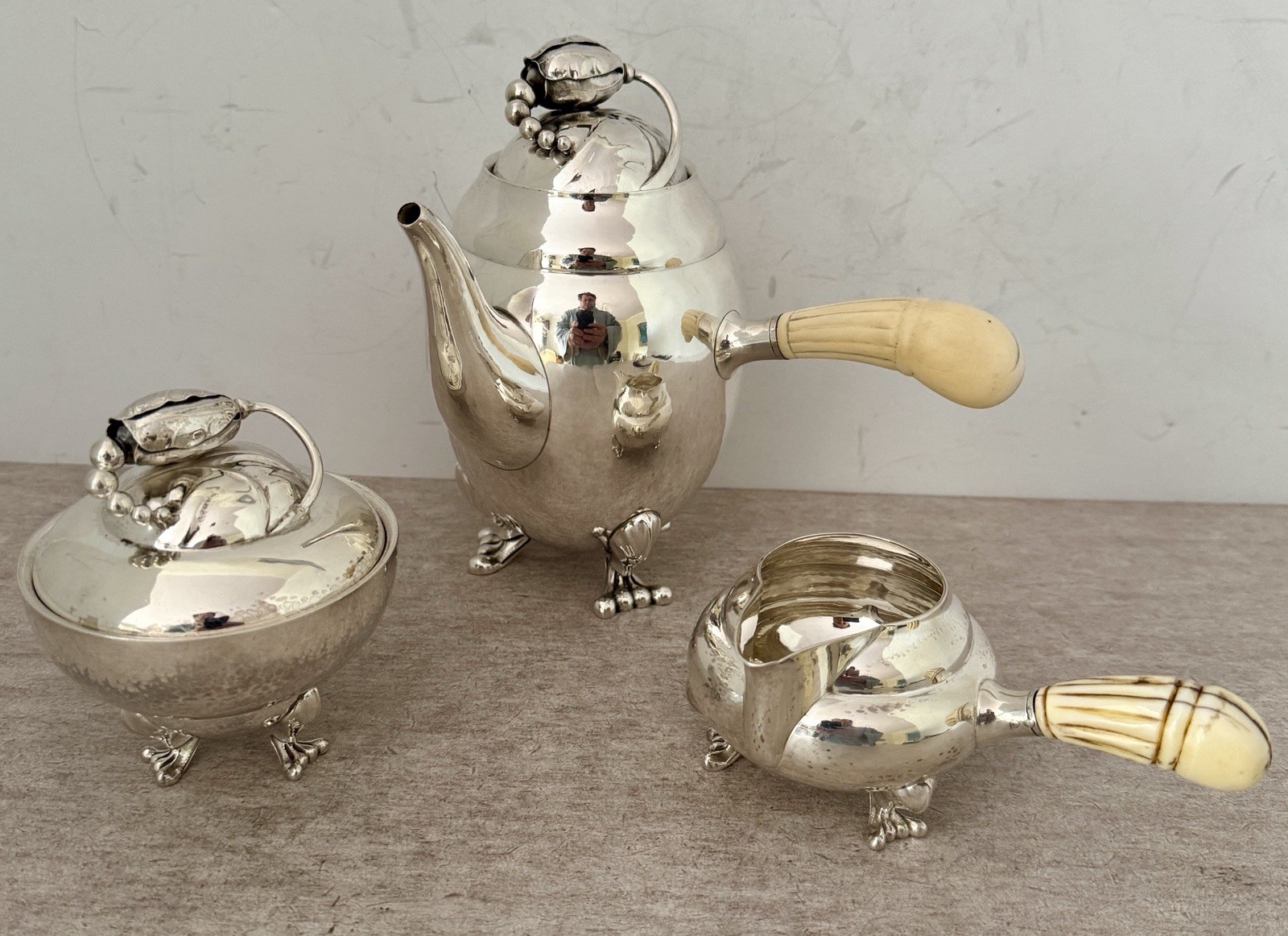 RARE GEORG JENSEN BLOSSOM STERLING SIZE #2B DEMITASSE 3 PIECE COFFEE SET