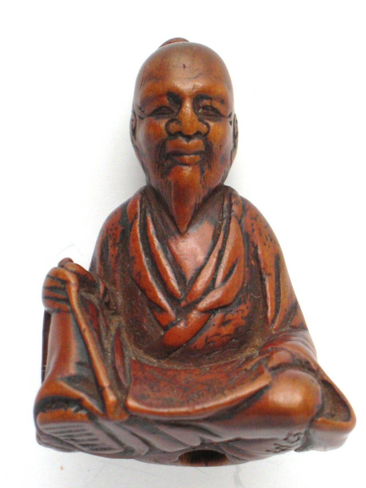 Late 19thC Japanese Carved Wood Wise Old Man Netsuke Edo Period Signed