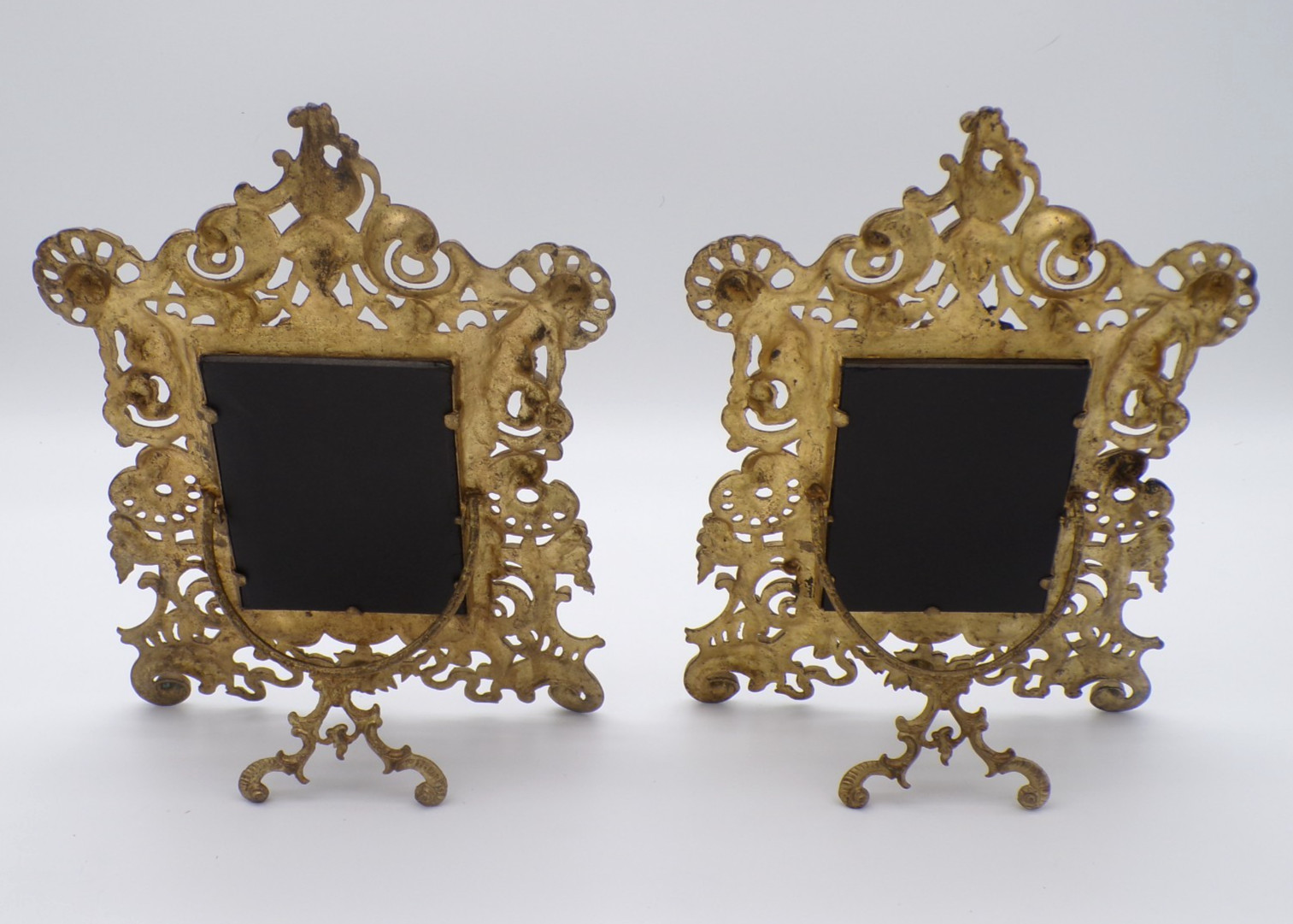 2 Antique Reticulated Scrollwork & Cupid Art Nouveau Brass Easel Picture Frame