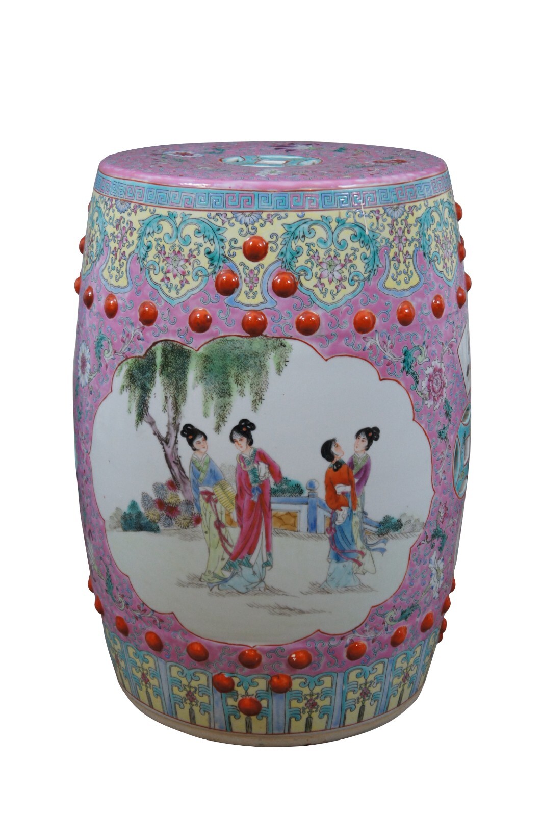 Mid Century Chines Famille Rose Pink Ceramic Garden Seat Stool Occasional Table