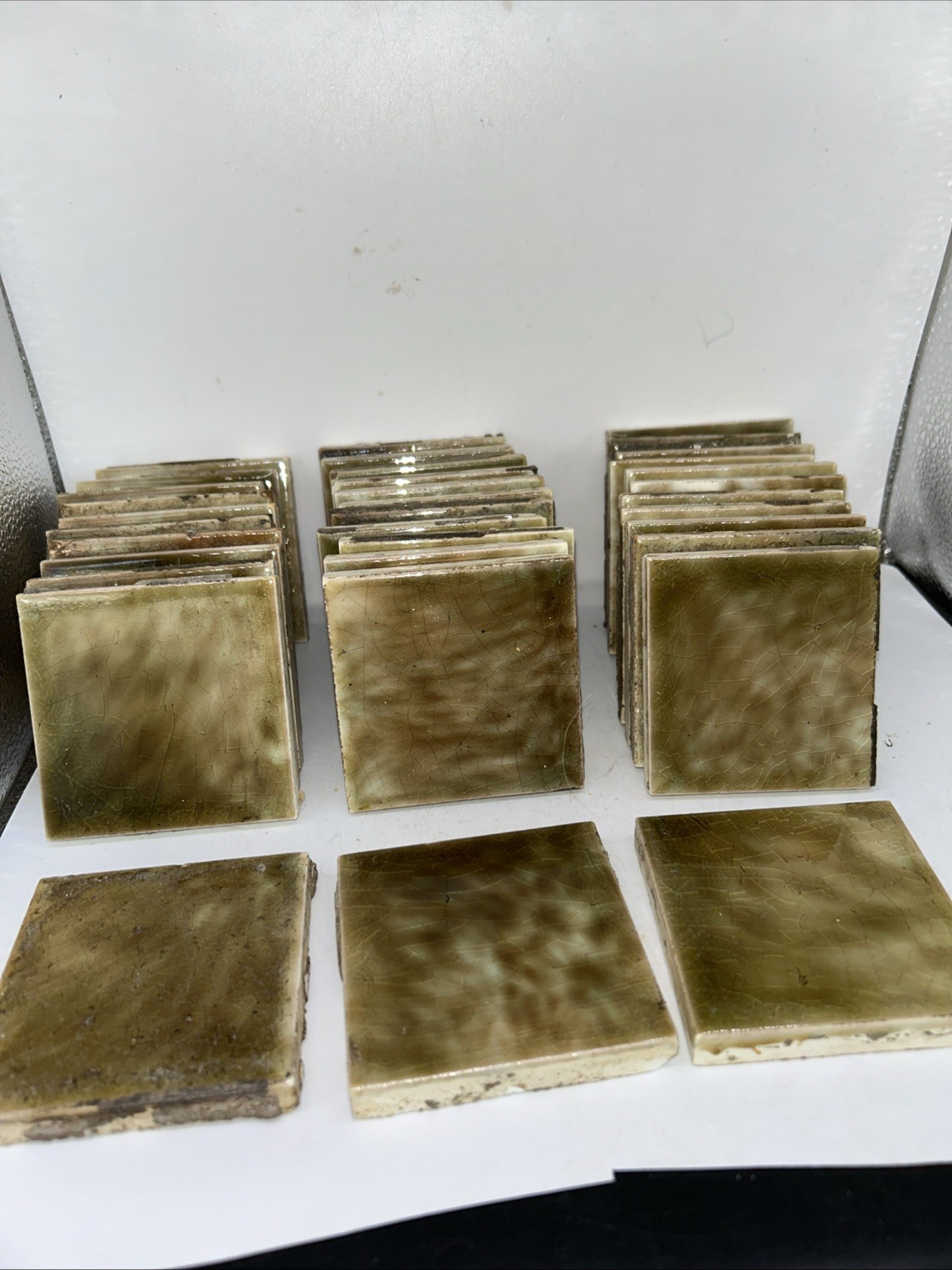 lot 35 TRENT Antique Fireplace Ceramic Tile mottled marble green 3” Square As Is