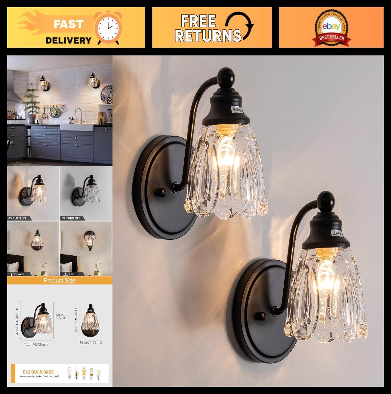 Vintage Black Wall Sconce Set of 2 – Hardwired Matte Bathroom Lighting, E12 Glas