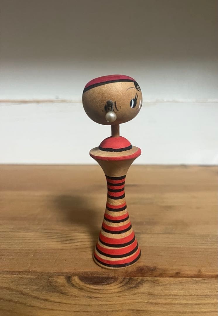 Vintage Wooden Folk Craft Kokeshi Doll Red Hat Girl 4 in (10 cm)