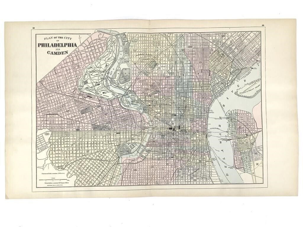 Hand-Colored Map PHILADELPHIA CAMDEN 1894 A. L. Smith ORIGINAL 24″ x 15″