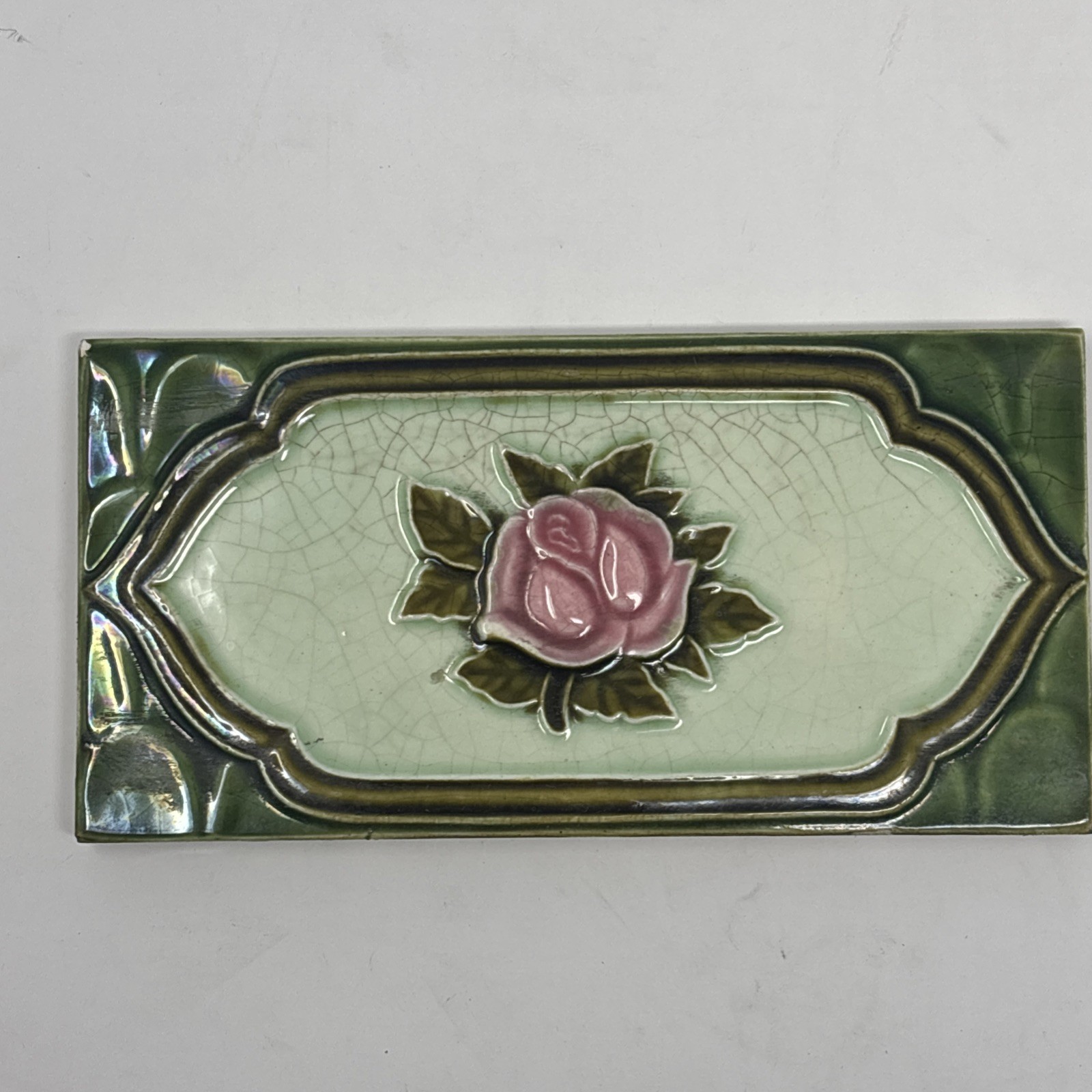4 Vintage Art Nouveau Rose Pink Flower Border Tile Majolica 6” x 3” Japan