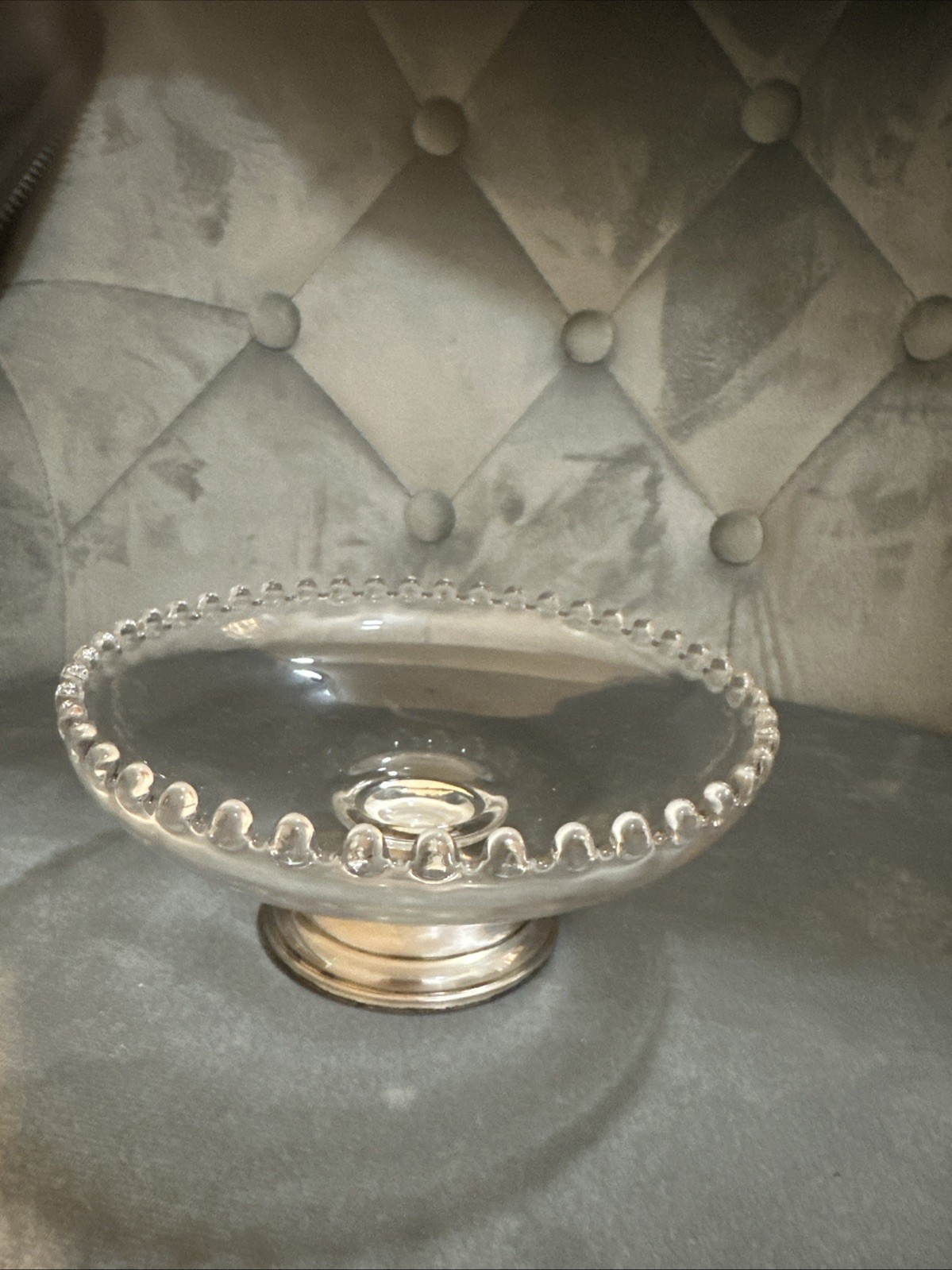 CROWN Sterling Silver Weighted Compote Silver Base Glass Dish Bowl, Nubby Edged