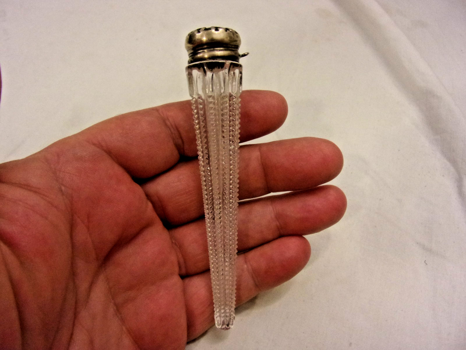 Antique Crystal Lay Down Vial Perfume Bottle cut glass w Sterling Screw Cap Top
