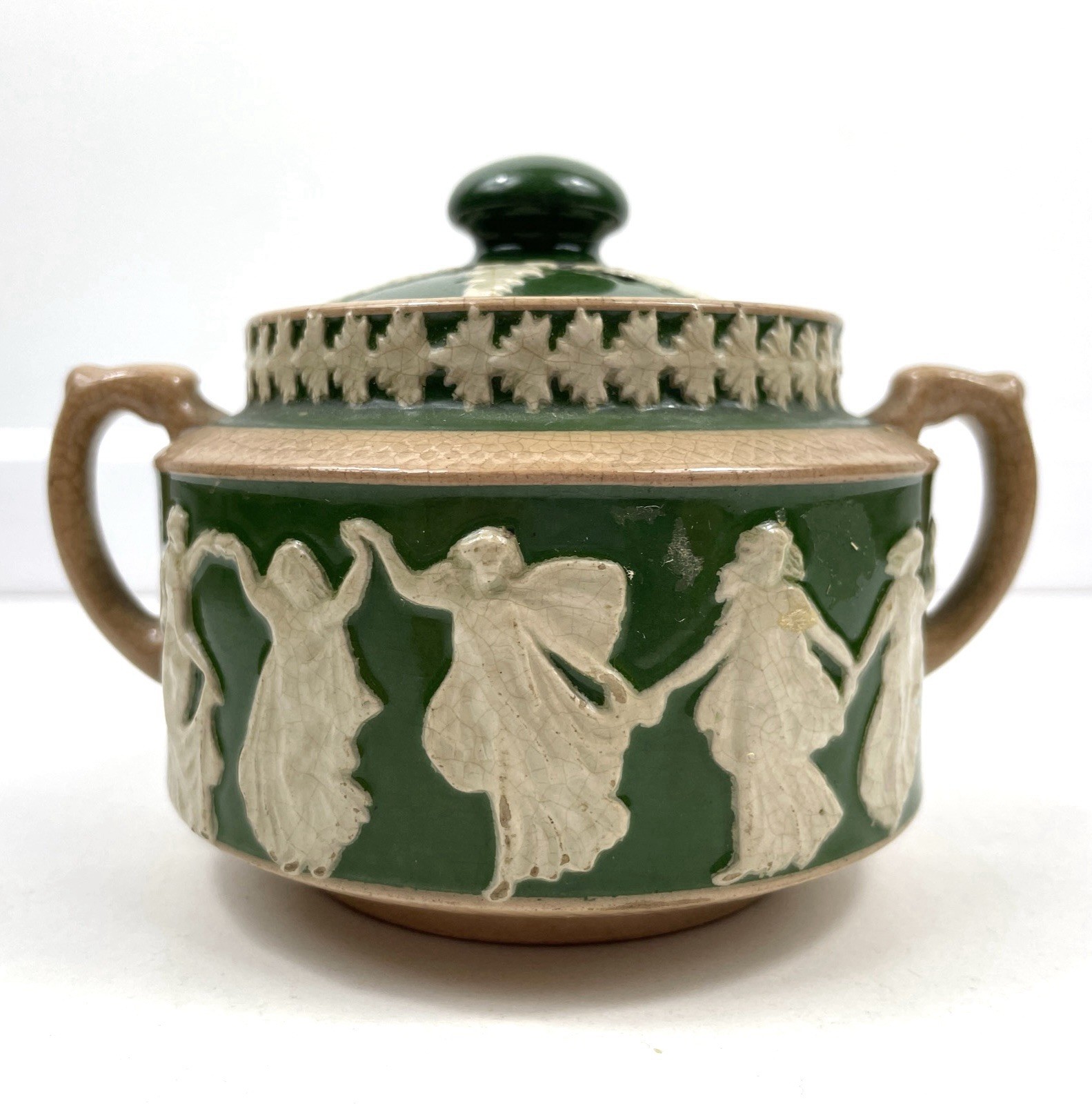 Etruscan England Antique Green Jug With Lid Dancing Hours Jasperware Relief Rare