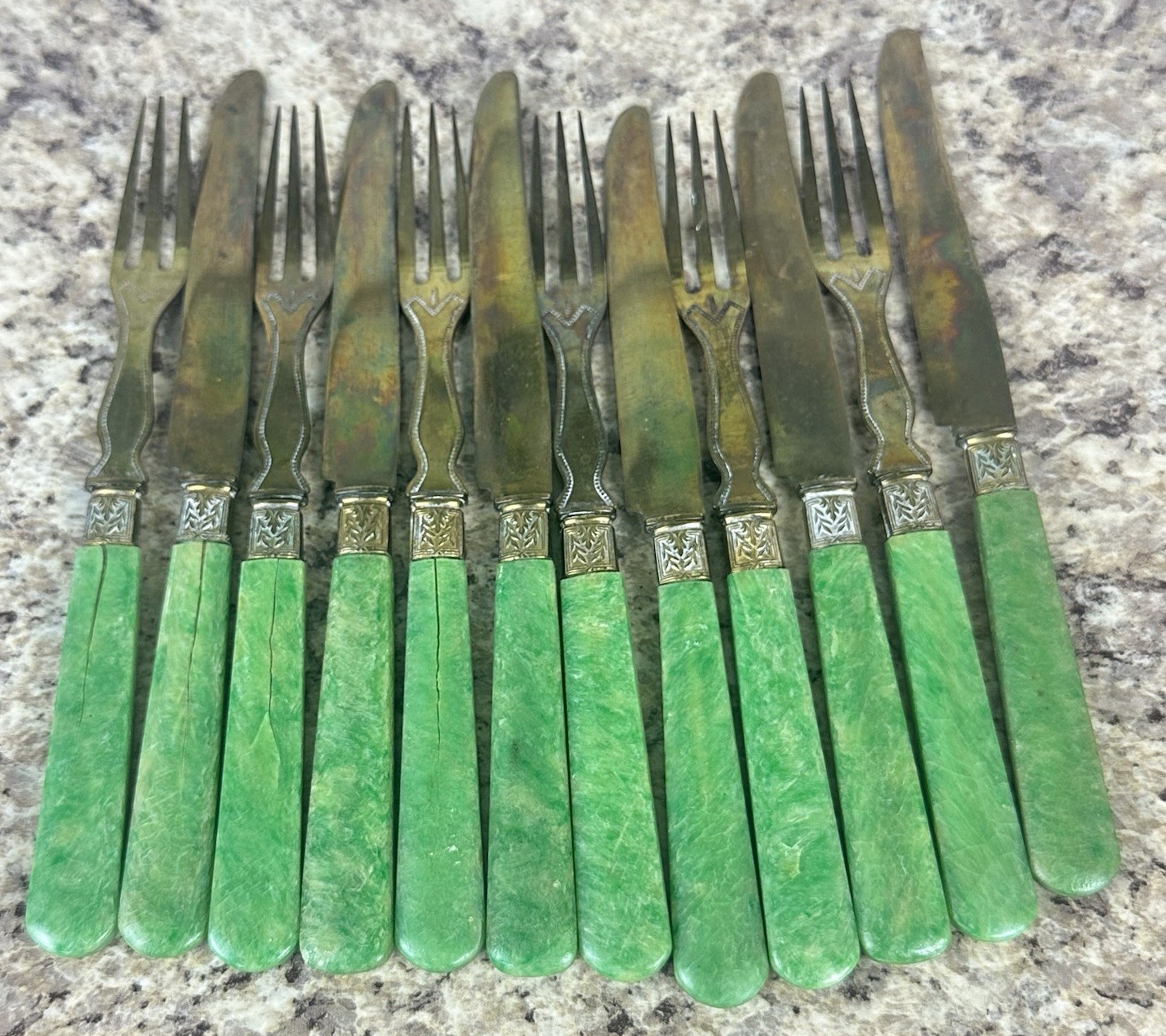 Set of 12 Antique French Vermeil Green Handle Fruit Service Green Handle