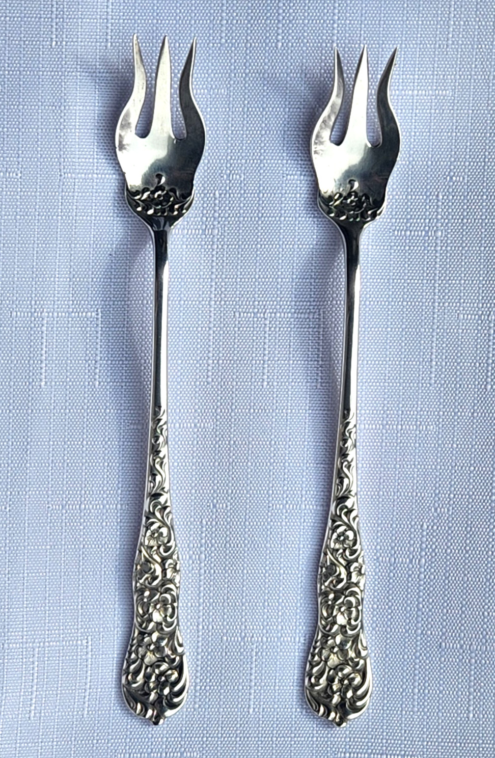 2 VINTAGE ROCOCO BY DOMINICK & HAFF STERLING COCKTAIL SEAFOOD FORKS