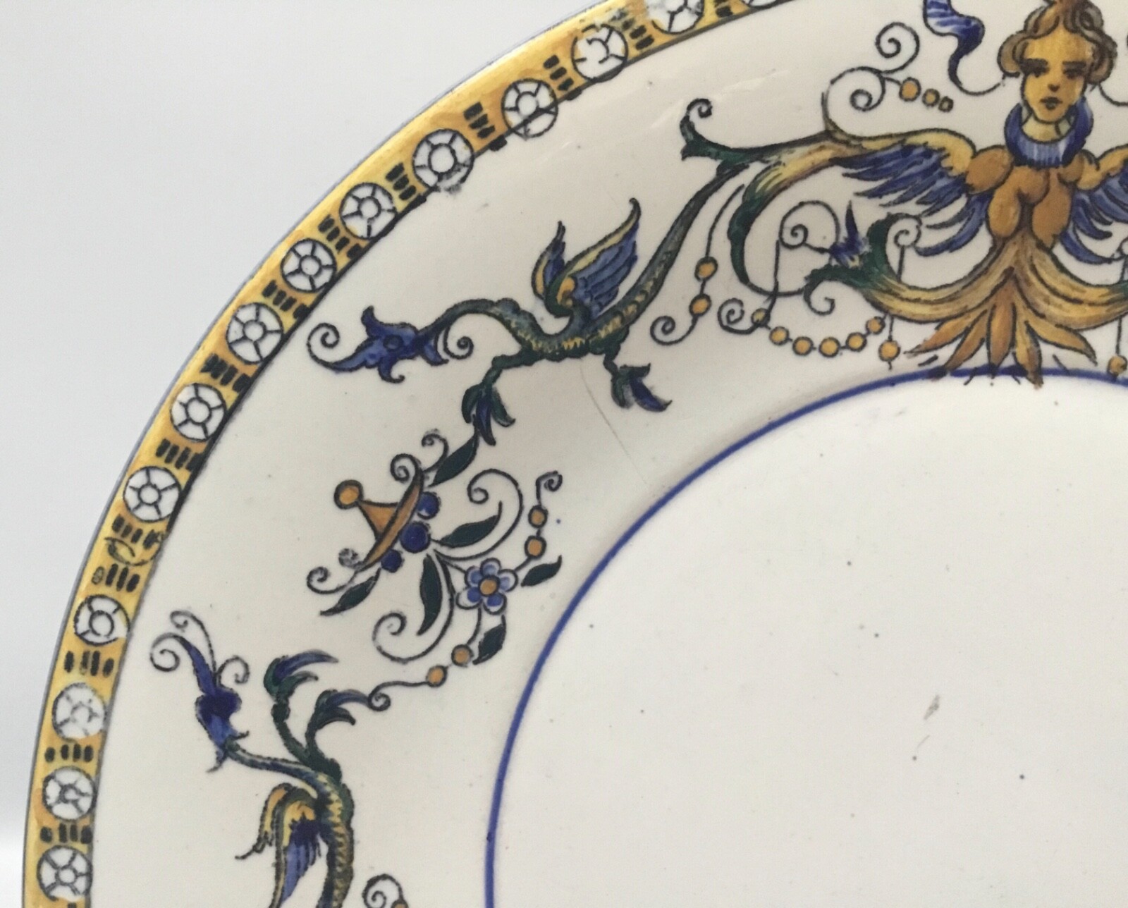 Antique GIEN Renaissance Dinner Plate Mythical Creature Winged Woman c.1871