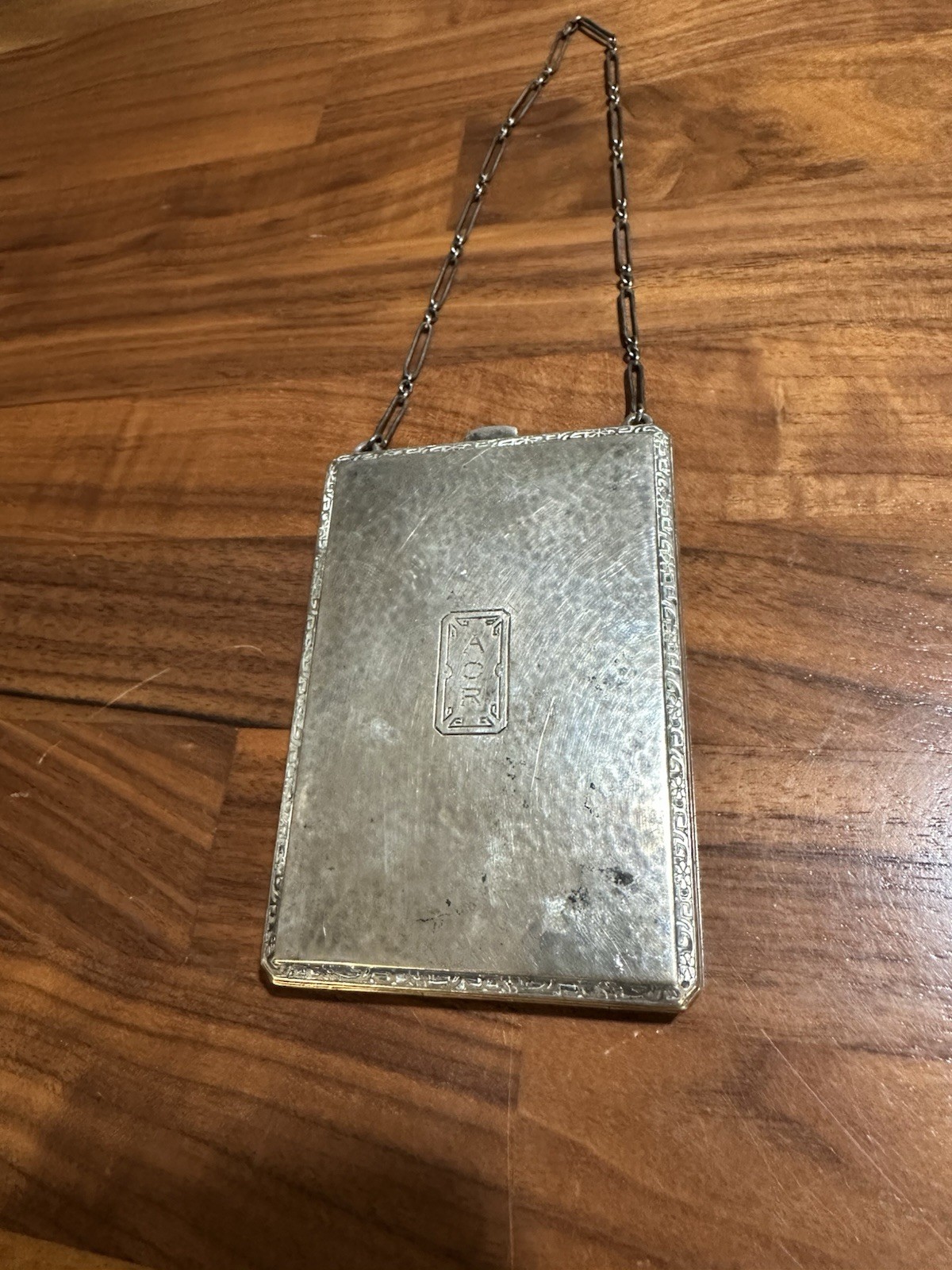Antique Art Deco Heavy Sterling Silver Coin Purse Compact W/ Paperclip Chain