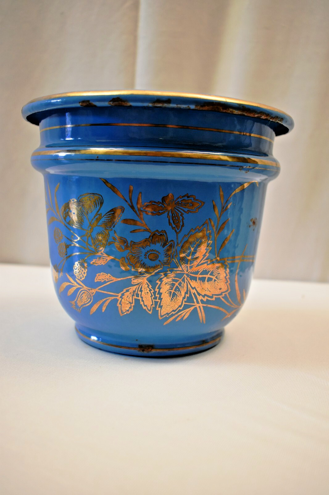 Vintage Czech Enamel Planter Sky Blue Gilt Floral Art Deco Metal Vase Decor “R4