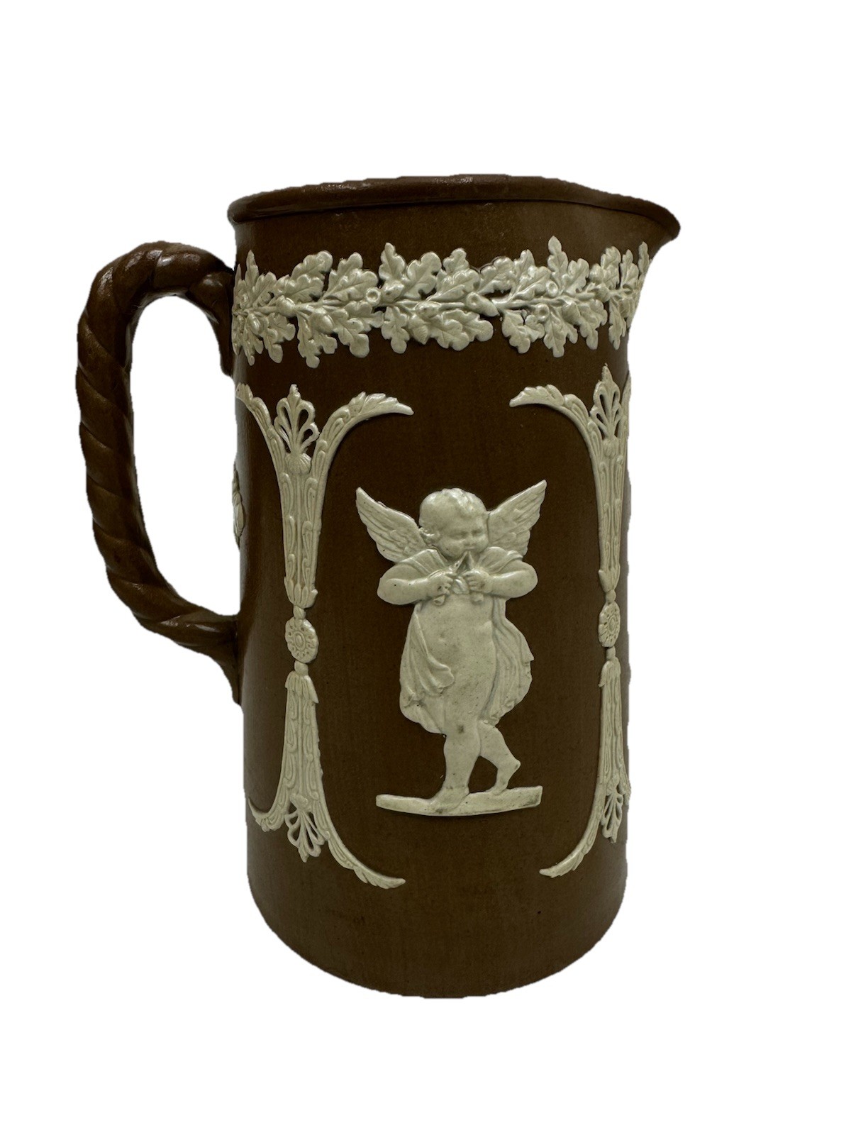 Antique DUDSON Brown & White Jasperware Jug Pitcher England Cupid Angels